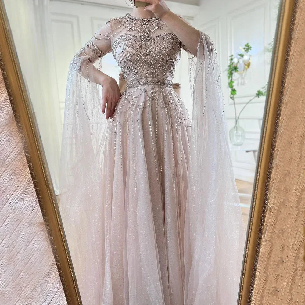 Elegant Blue A-Line Arabic Cape Sleeve Evening Gown with Beaded Bow Detail - Luxury Formal Dress for Women 2025 | Perfect for Weddings, Galas & Special Occasions
