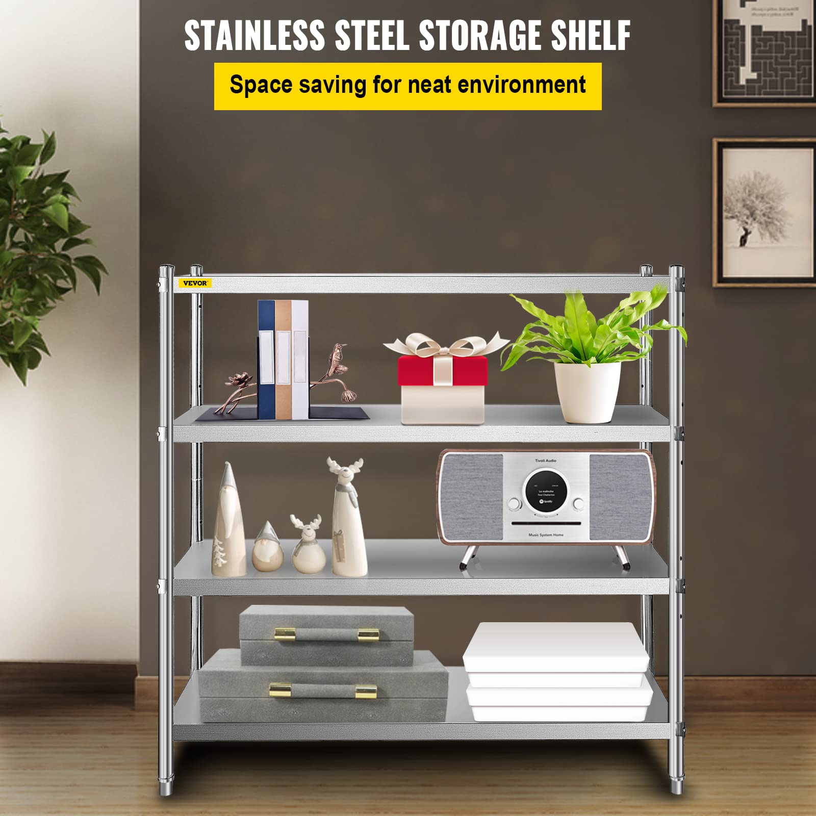 VEVOR 60x18.5 Inch 4-Tier Adjustable Stainless Steel Shelving Unit - Heavy Duty Storage Rack for Kitchen, Commercial, Office & Garage - 330lb Capacity per Shelf | Perfect for Restaurant Prep, Warehouse Organization & Home Storage Solutions