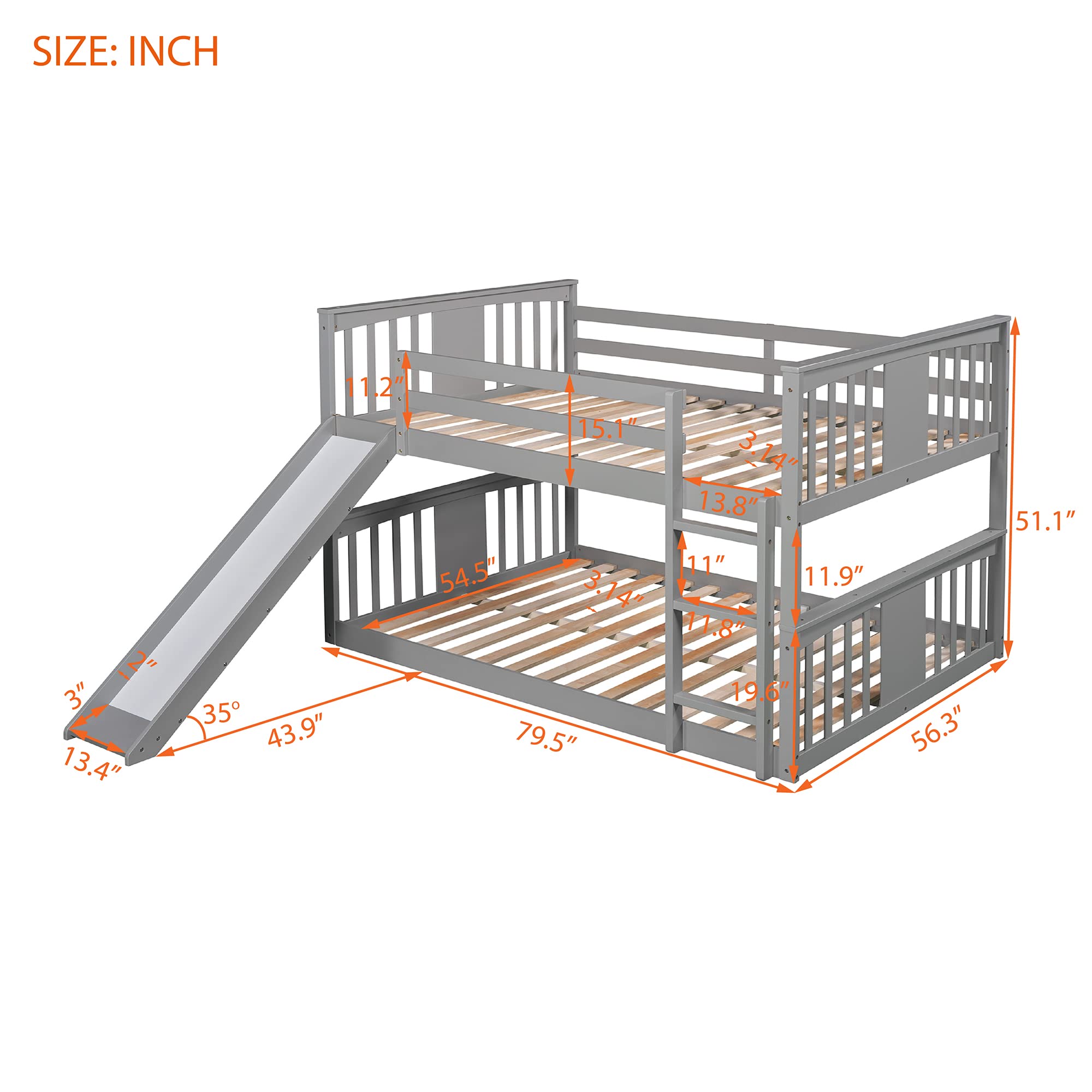 P PURLOVE Full Over Full Wood Bunk Bed with Slide for Kids & Teens - Low Profile Bunk Bed with Floor Bed Frame, No Box Spring Needed - Perfect for Small Bedrooms, Shared Kids Rooms & Sleepovers