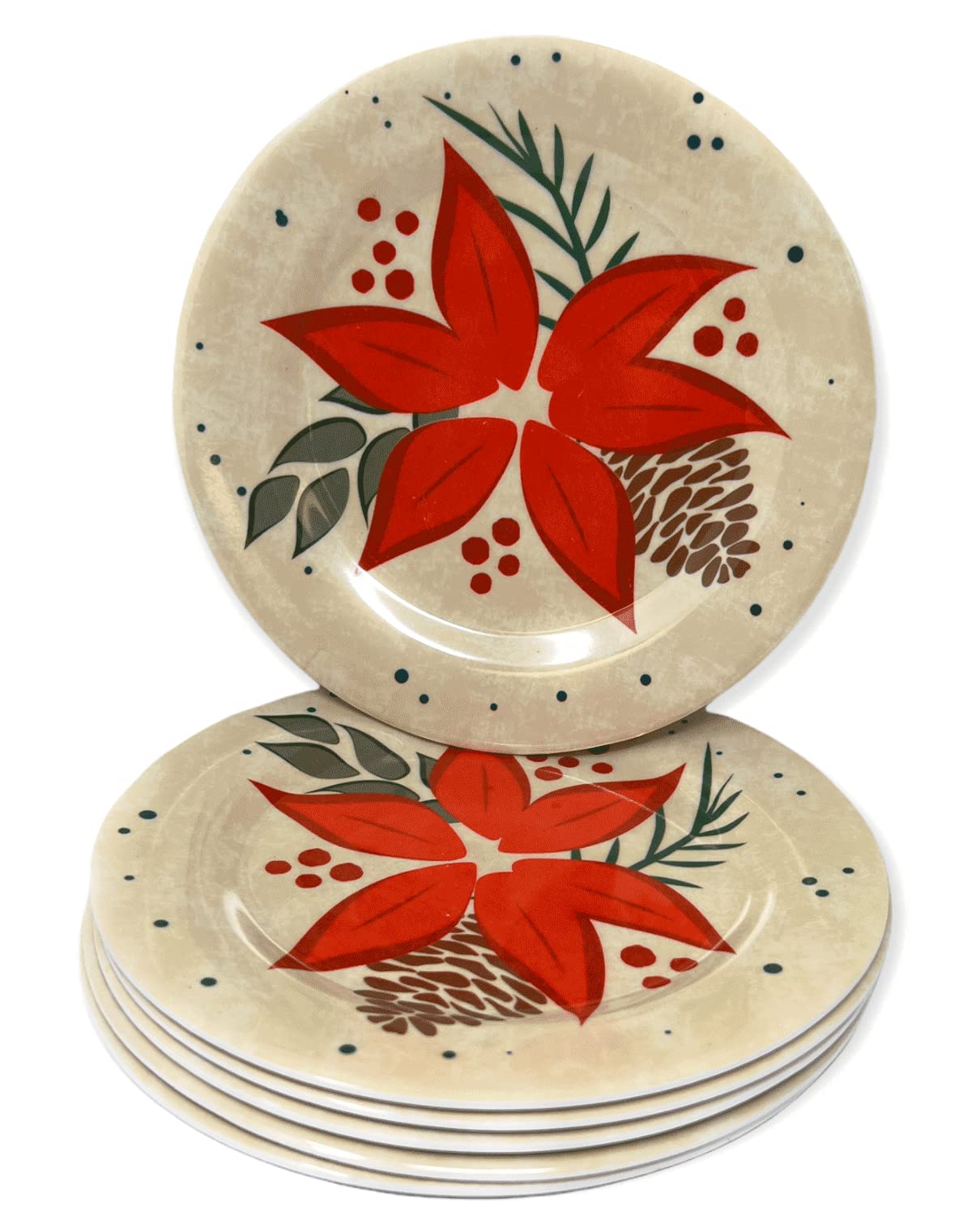 Christmas Melamine Salad Plates Set of 6 - Red Poinsettia Holiday Dinnerware for Winter Desserts, Appetizers & Party Serving | Perfect for Christmas Dinner, Holiday Gatherings & Festive Table Settings
