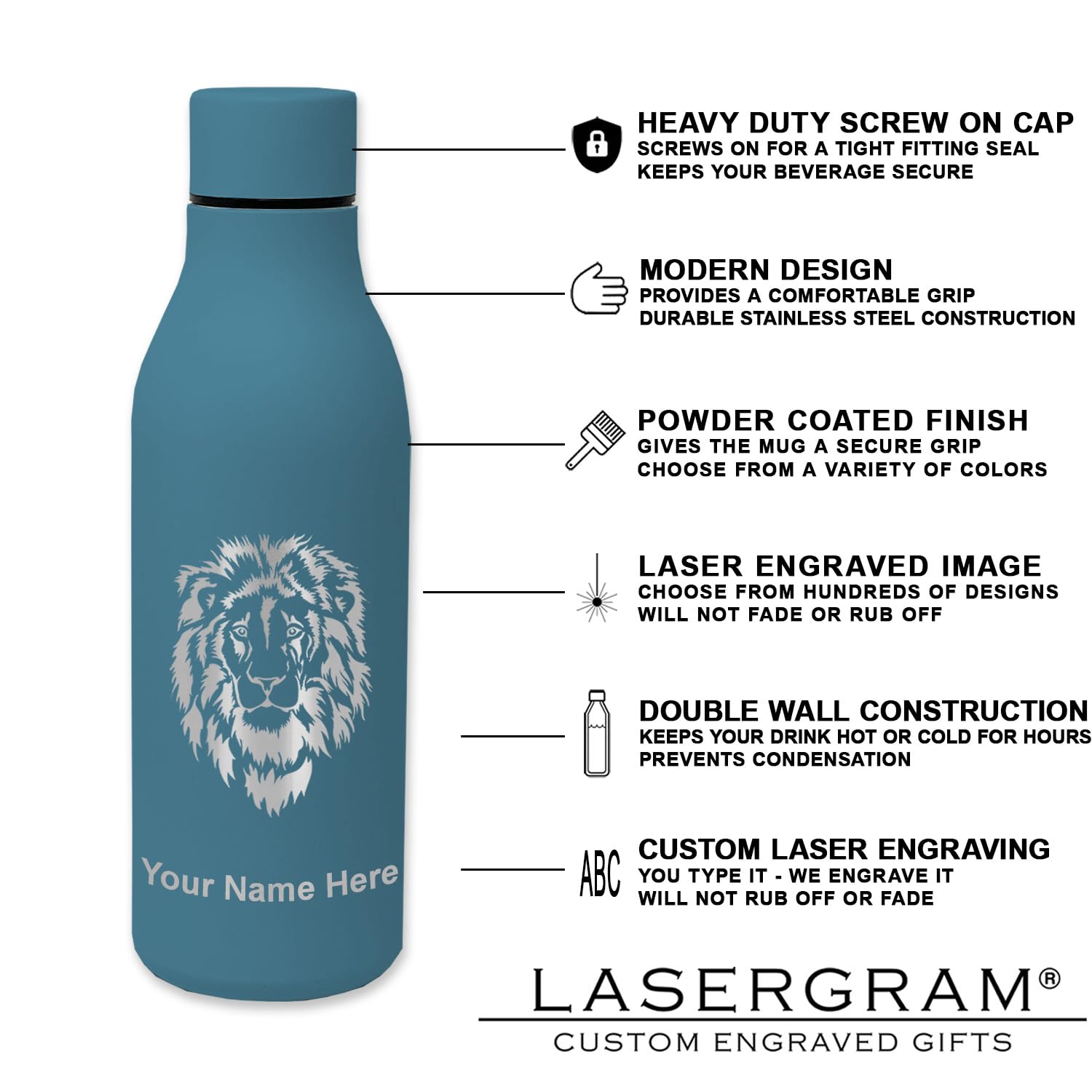 LaserGram Double Wall Insulated Stainless Steel Water Bottle with Personalized Engraving - Perfect Gift for Gymnasts, Athletes & Fitness Enthusiasts - Keeps Drinks Cold 24Hrs/Hot 12Hrs - Ideal for Gym, Yoga & Outdoor Activities