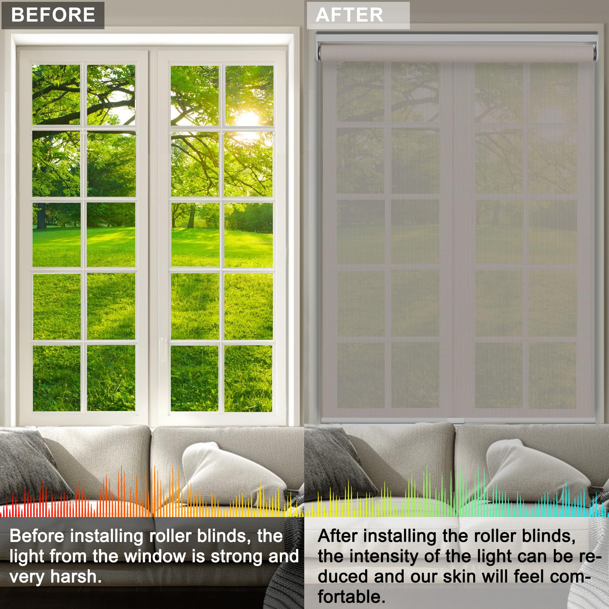 Cordless Solar Roller Shades - 5% Openness, UV Protection for Home & Office