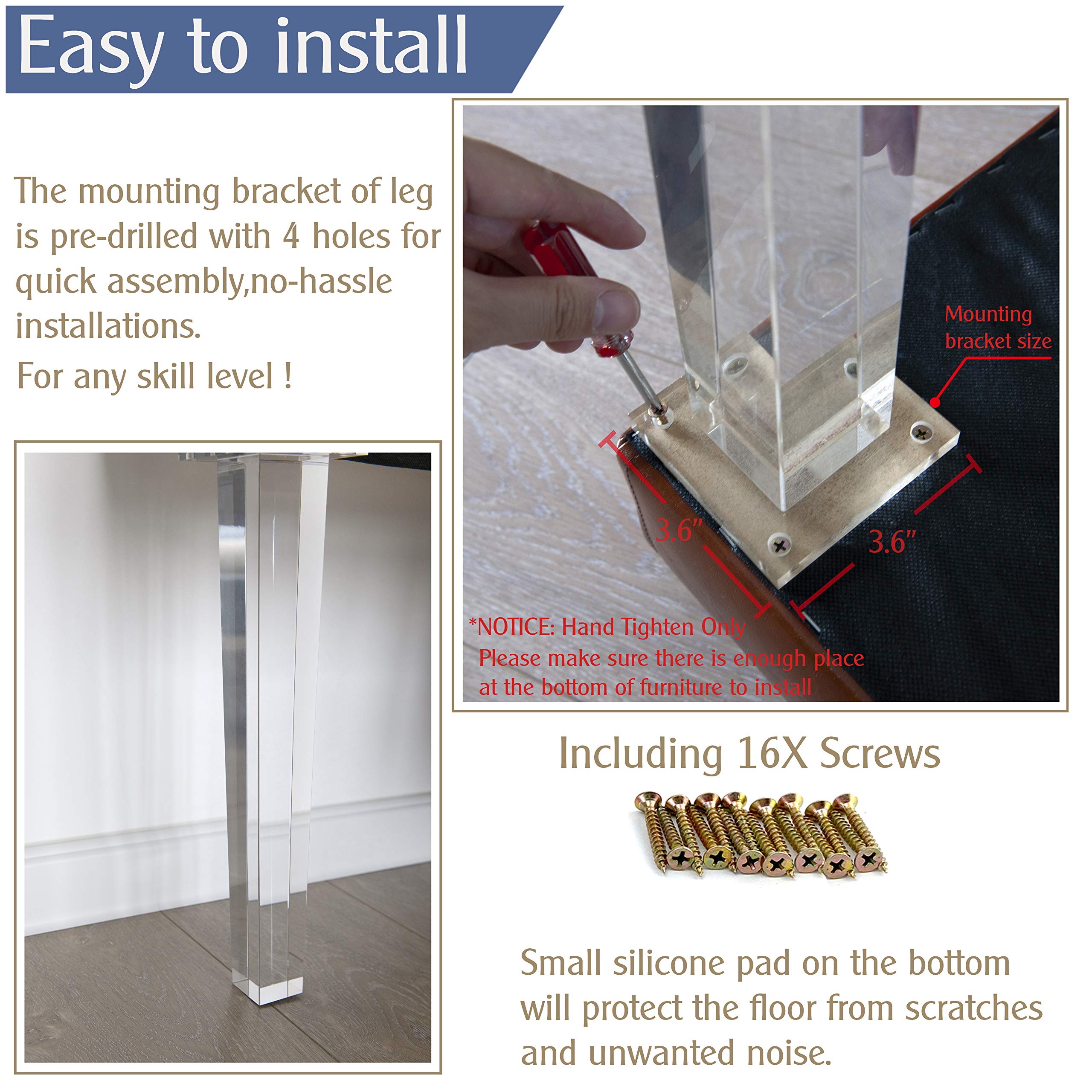 JEREVER 16 Inch Clear Acrylic Furniture Legs Set of 4 - Modern Square Replacement Legs for Coffee Tables, Desks, Benches & DIY Home Decor Projects | Perfect for Living Room, Office & Bedroom Furniture Upgrades