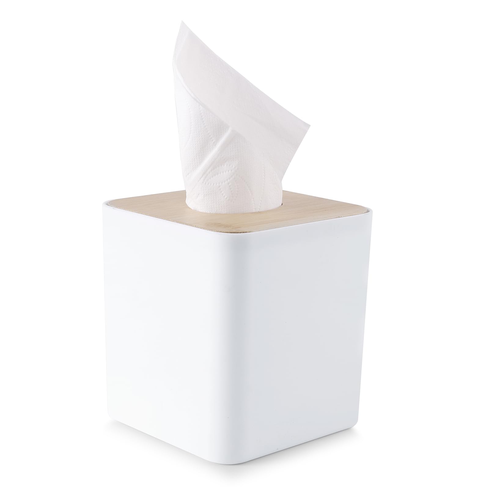White Square Tissue Box Cover - Bamboo Facial Cube Holder for Bathroom Vanity, Countertop & Bedroom Dresser | Stylish Storage Solution for Home & Office