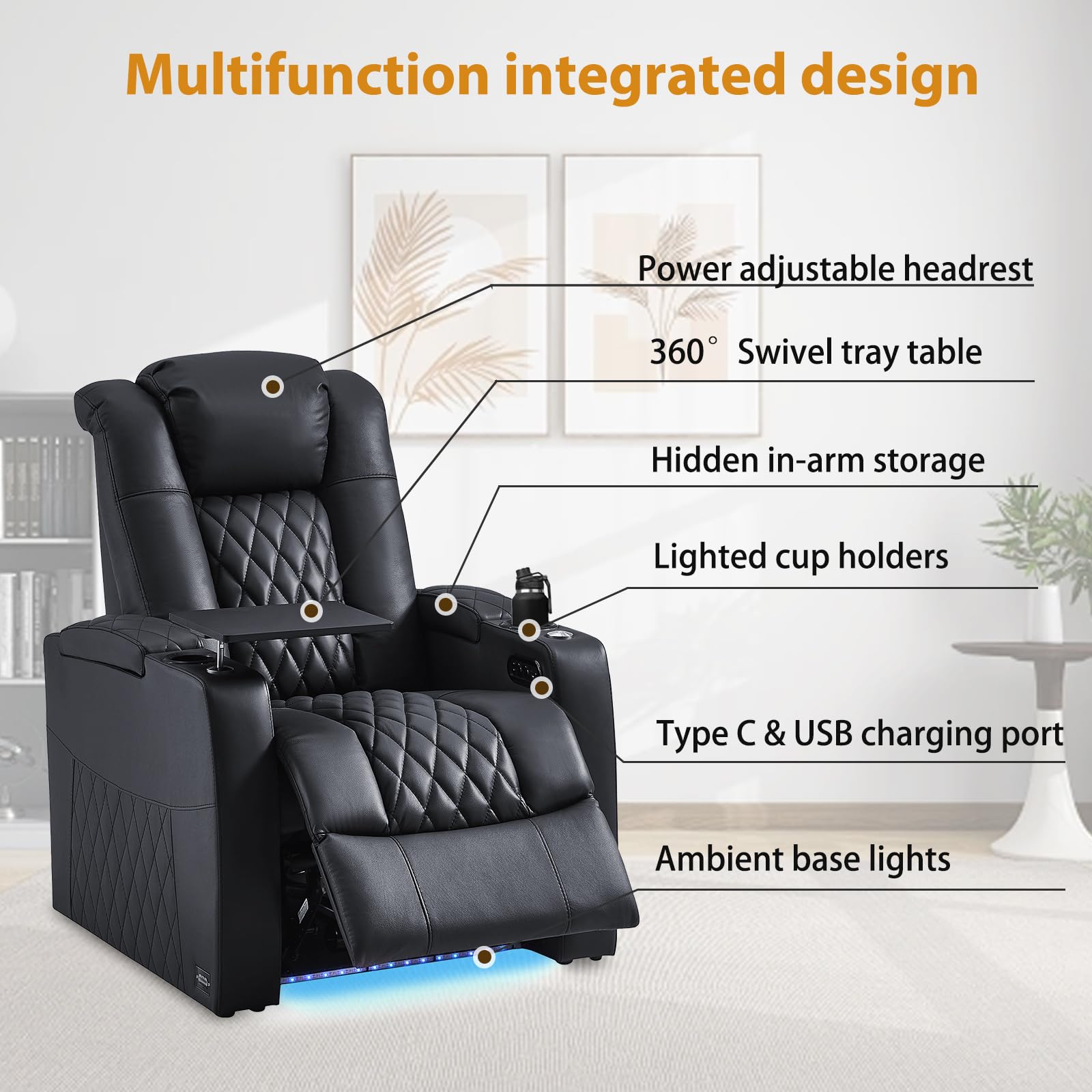 Premium Home Theater Seating Set - 5 Top Grain Nappa Leather Power Recliners with Dual Electric Headrest, Tray Table & USB Charger for Ultimate Movie & Gaming Experience - Luxury Cinema Sofa for Family Entertainment Rooms (Black)