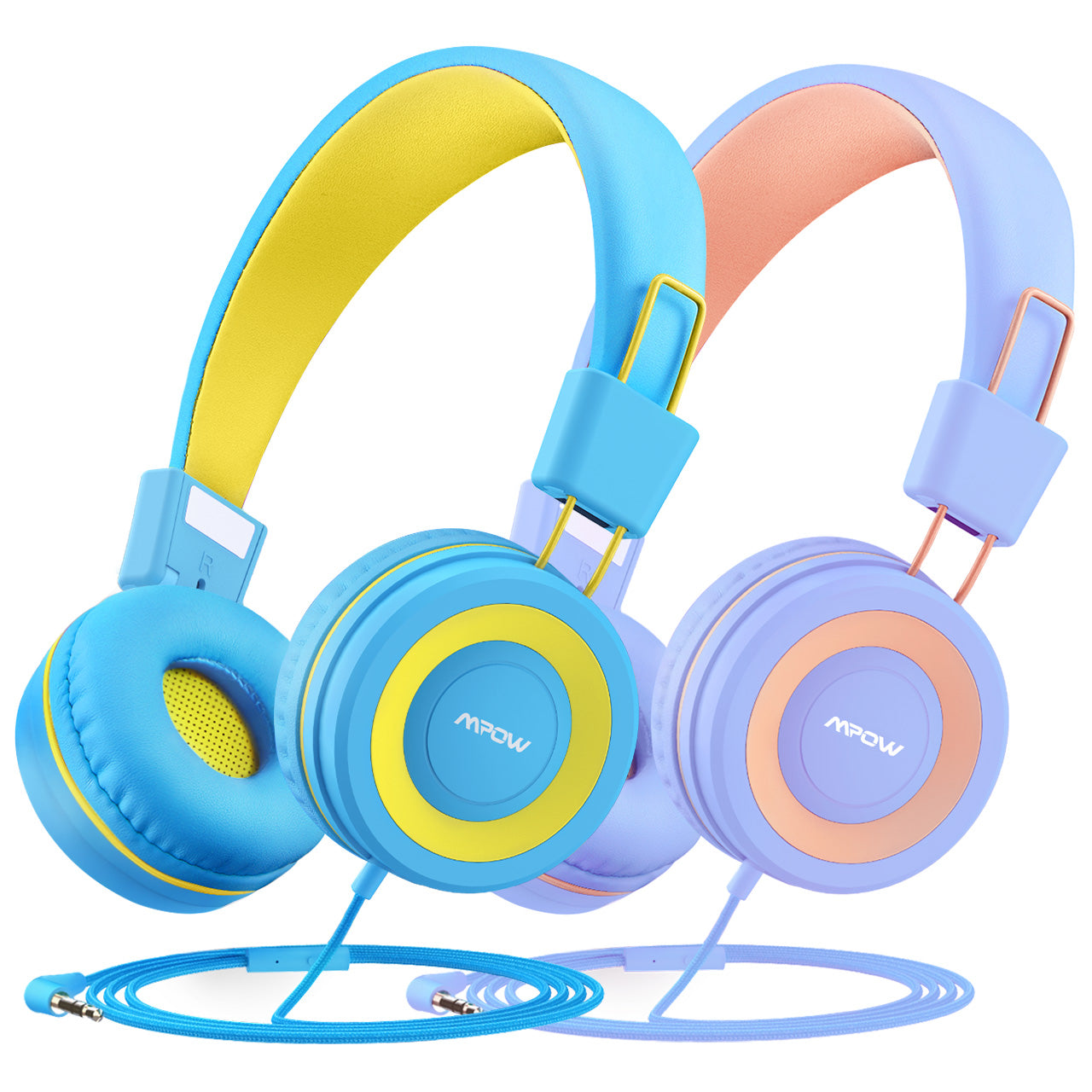 Mpow CH8 Kids Headphones with Microphone, 2 Pack - Volume Limited Safe Headphones for Children, Wired Over-Ear Headset for Online Learning, Gaming, and Travel