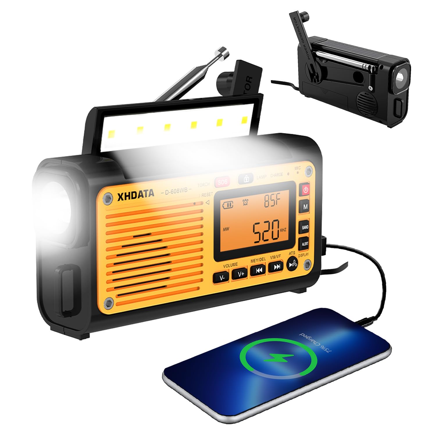 D608WB Emergency Weather Radio - AM/FM/SW/NOAA Portable Hand Crank Radio with Solar/USB Charging, Bluetooth MP3, Flashlight, Reading Lamp & SOS Alarm - Perfect for Outdoor Camping, Hiking, and Power Outage Preparedness
