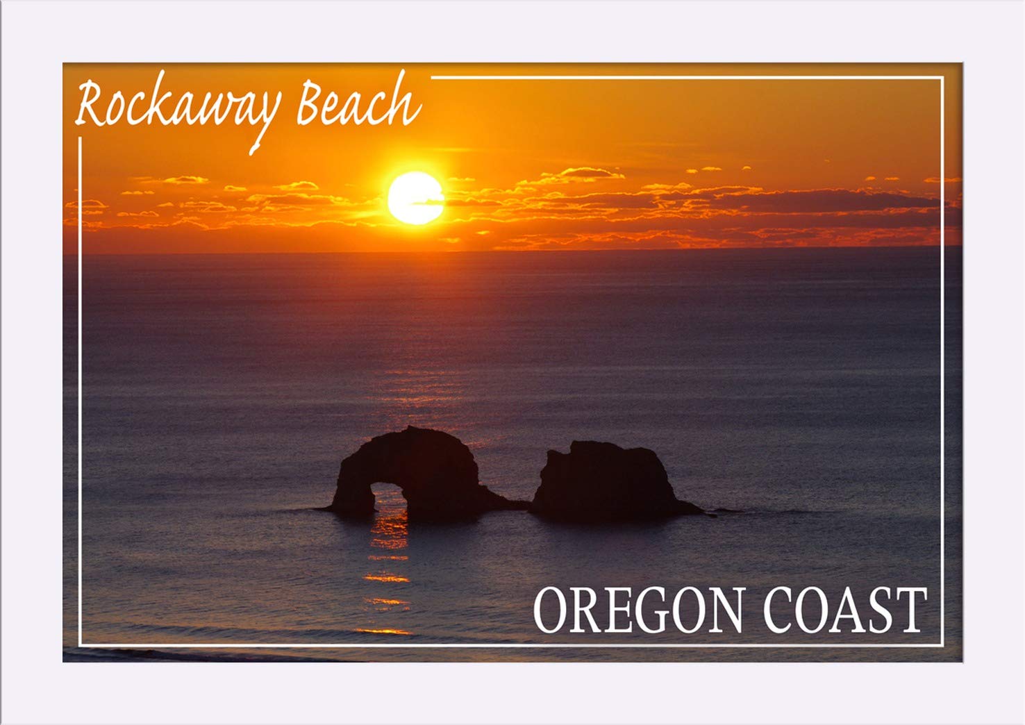 Rockaway Beach Oregon Sunset Art Print - 12x18 Giclee Fine Art on Recycled Wood Frame (White) - Coastal Wall Decor for Living Room, Bedroom & Office
