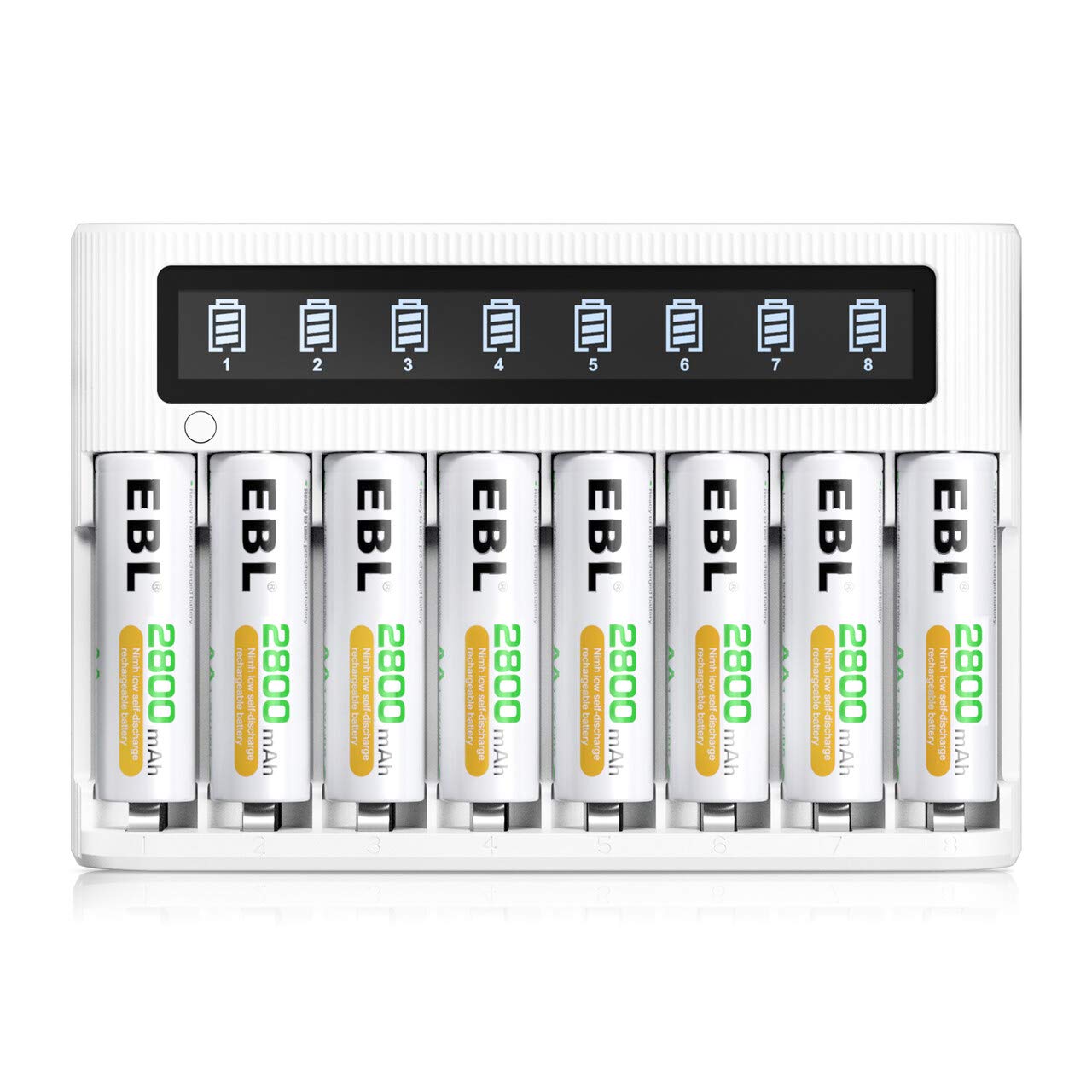 EBL LCD Quick Rechargeable AA Battery Charger with 8PCS 2800mAh NiMH Batteries - 5V/2A Fast Charging & Discharge Function - Perfect for Cameras, Toys, and Home Electronics