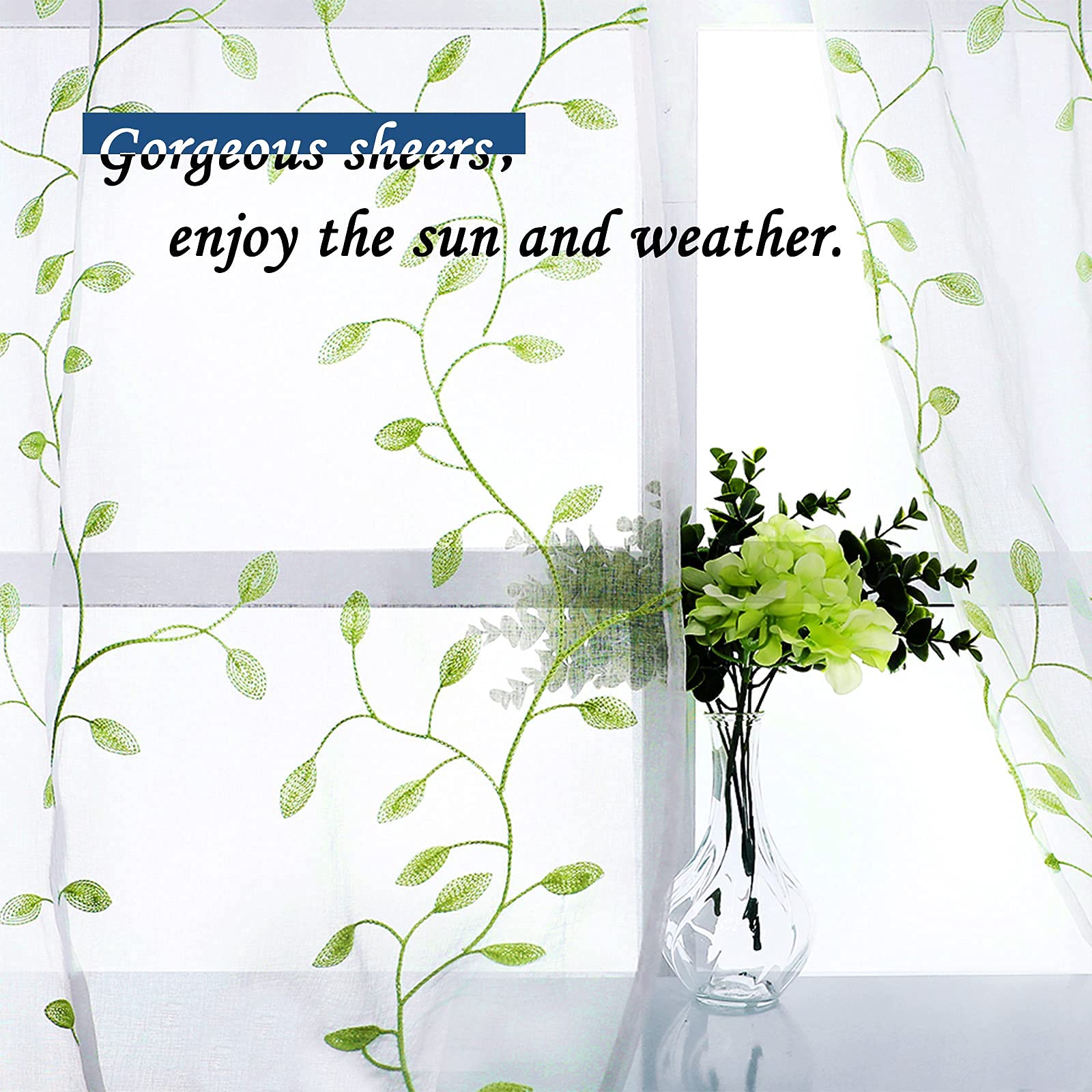 MRTREES Sheer Tier Curtains 30x30 Inches - 2 Panel Set with Rod Pocket, Voile Fabric & Leaf Embroidery for Kitchen, Bathroom, Bedroom Half Windows - Green Leaves Design for Natural Light Filtering & Privacy