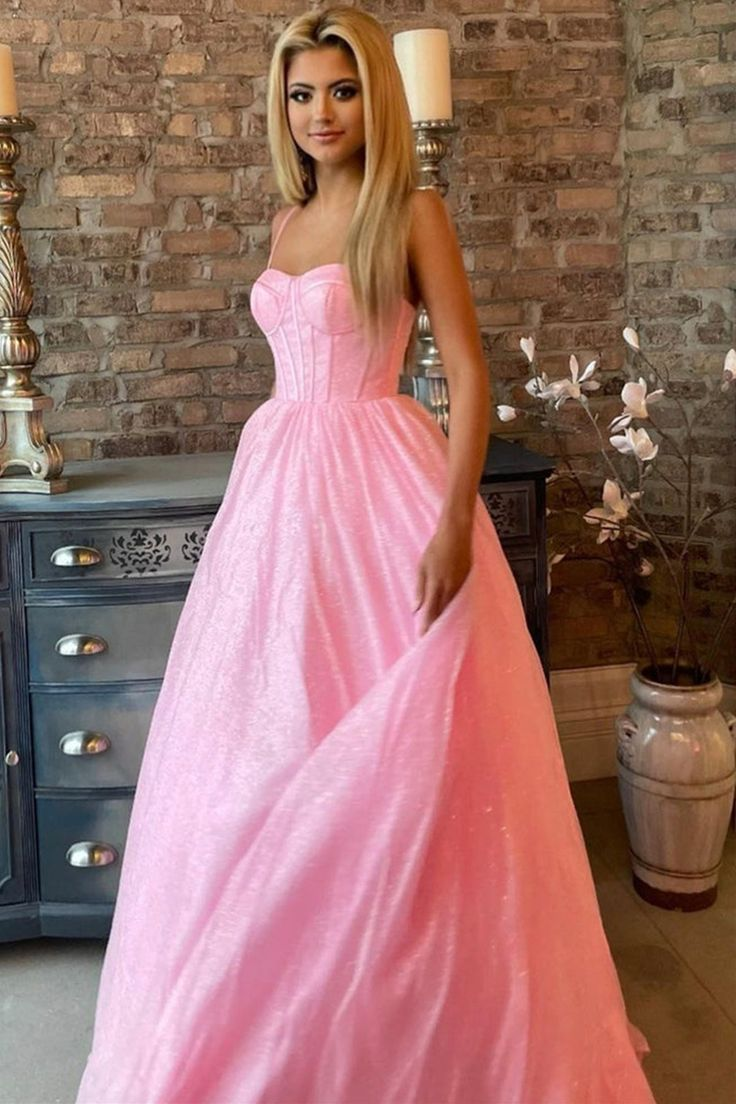 Elegant A-Line Spaghetti Strap Party Dress - Pink Prom Gown J5084 for Evening Events, Dances & Special Occasions