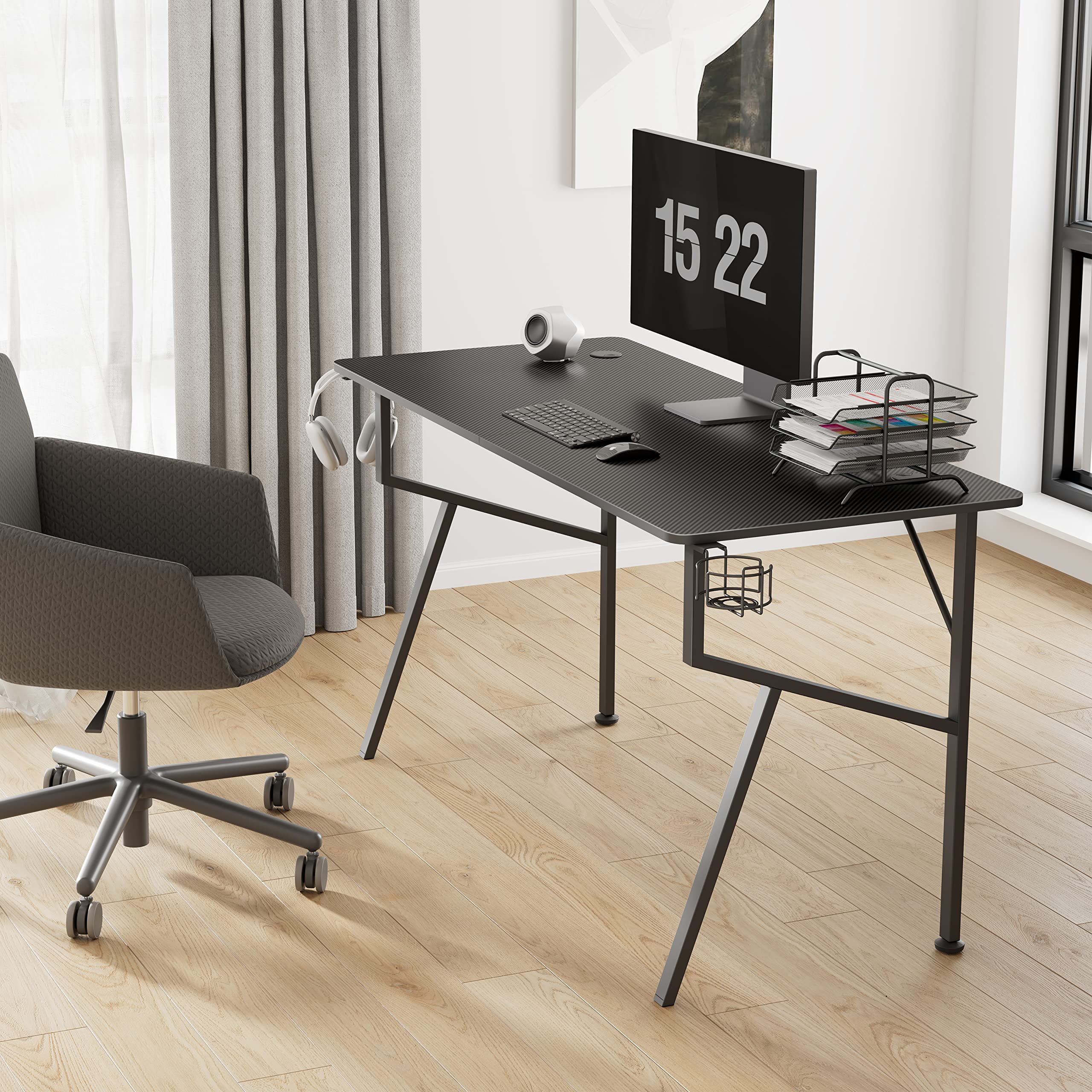 EUREKA ERGONOMIC 55 Inch Gaming Desk - Professional Gamer Workstation with Cable Management Tray, Controller Stand, Cup Holder & Headphone Hook - Black | Perfect for PC Gaming Setup, Streaming & Home Office Workstation