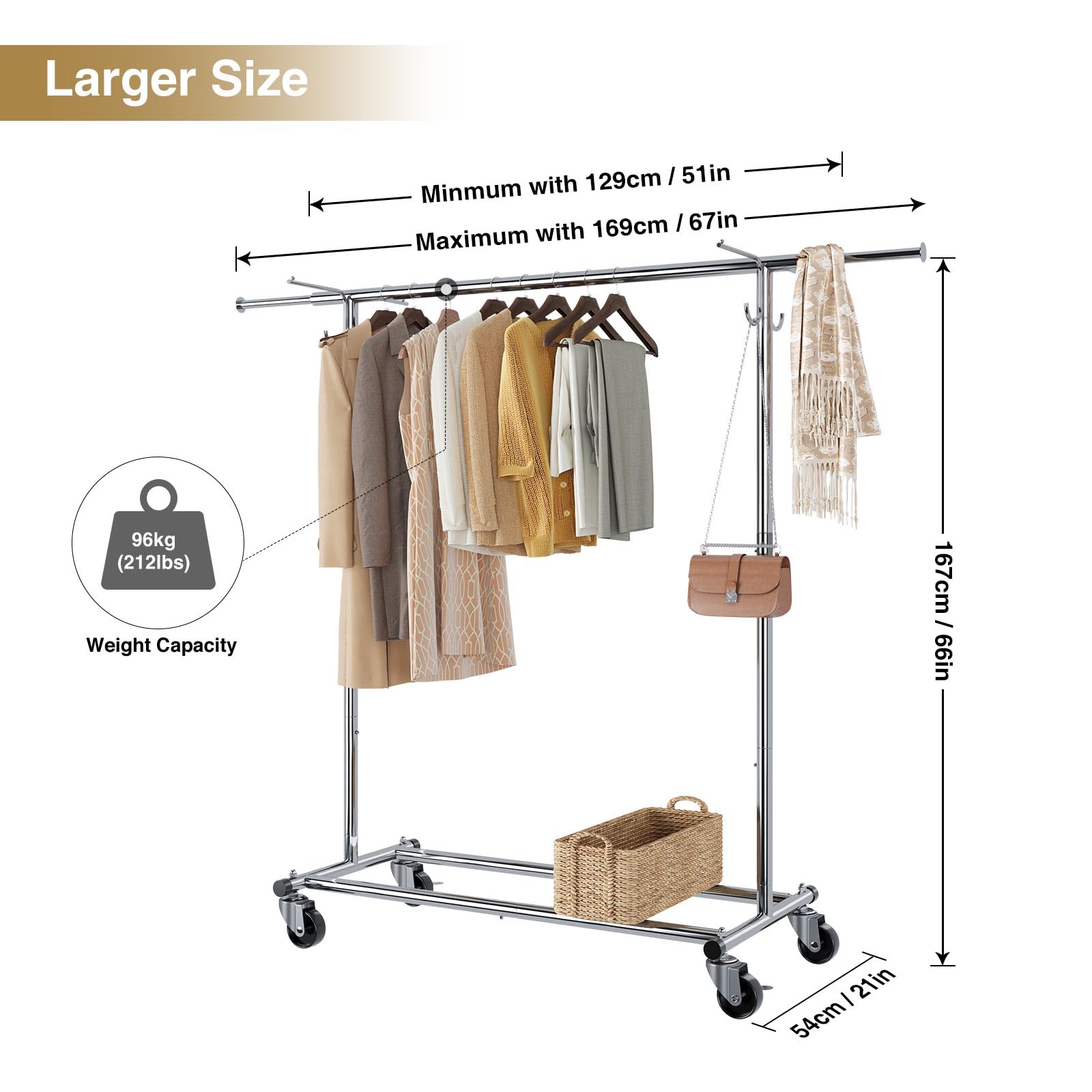 GREENSTELL Heavy Duty Adjustable Rolling Clothes Rack with Cover - 67x66x21 Inch Commercial Garment Rack with Extendable Hanging Rail, Wheels & 2 Hooks - Perfect for Retail Stores, Boutiques, Home Closet Organization & Laundry Room Storage
