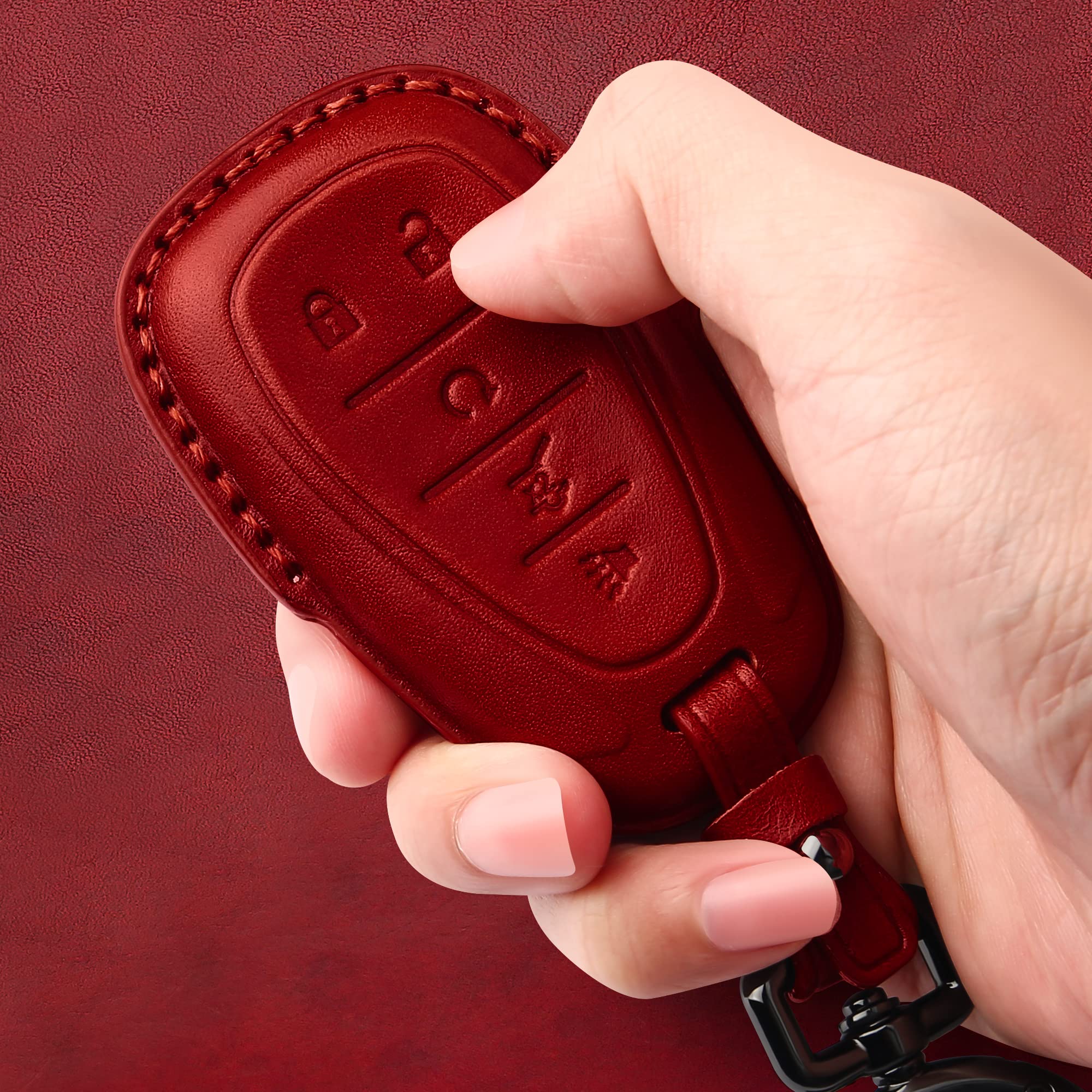 Tukellen Genuine Leather Key Fob Cover Compatible with Chevrolet Camaro Malibu Cruze Trax Traverse Sonic Volt Equinox Spark (2017-2021 Models) - Premium Protective Remote Key Case (Red) - Perfect for Car Enthusiasts & Daily Protection