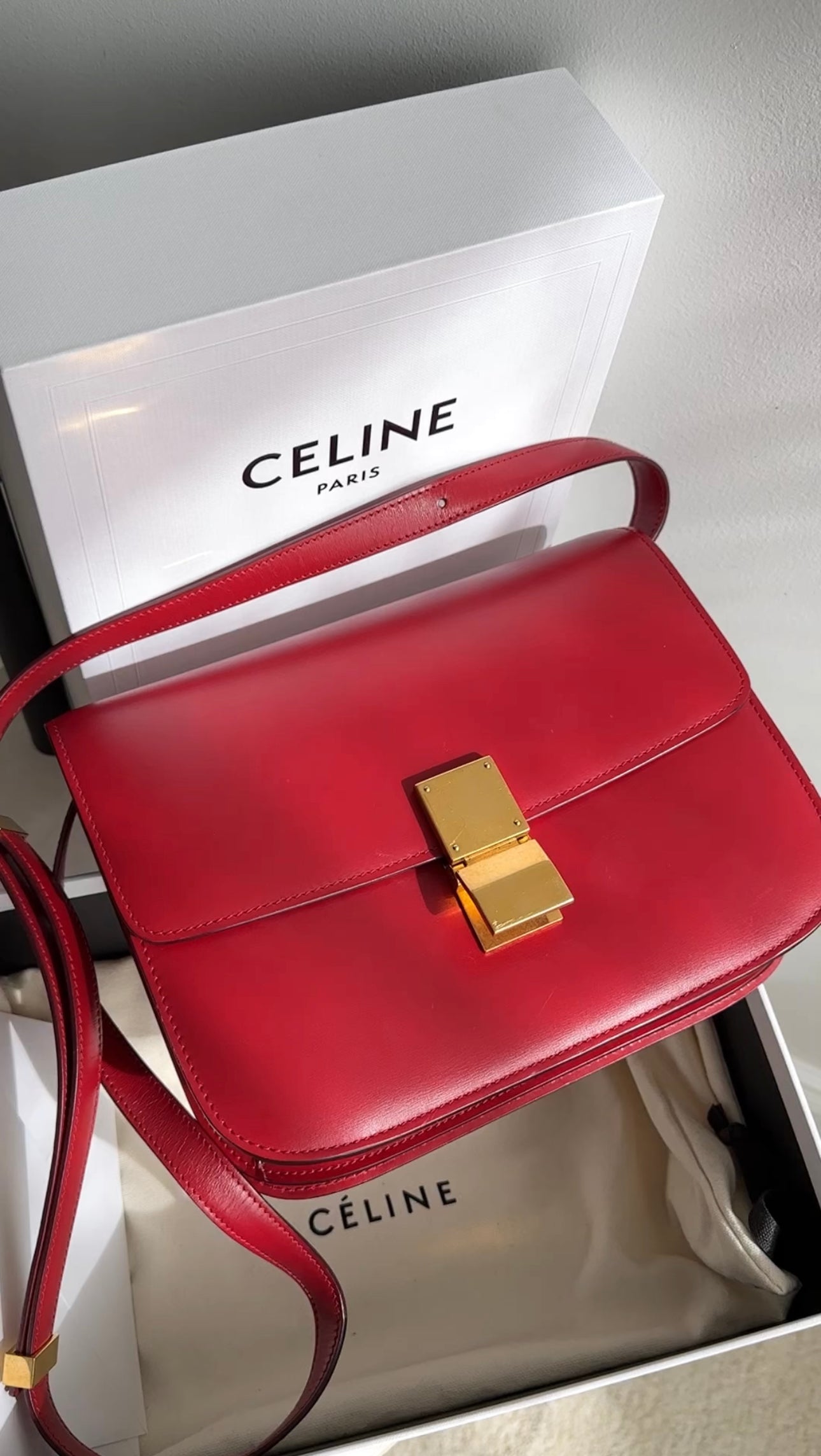 Celine Red Medium Box Shoulder Bag for Women | Genuine Leather Crossbody Purse | Perfect for Work, Travel & Evening Events