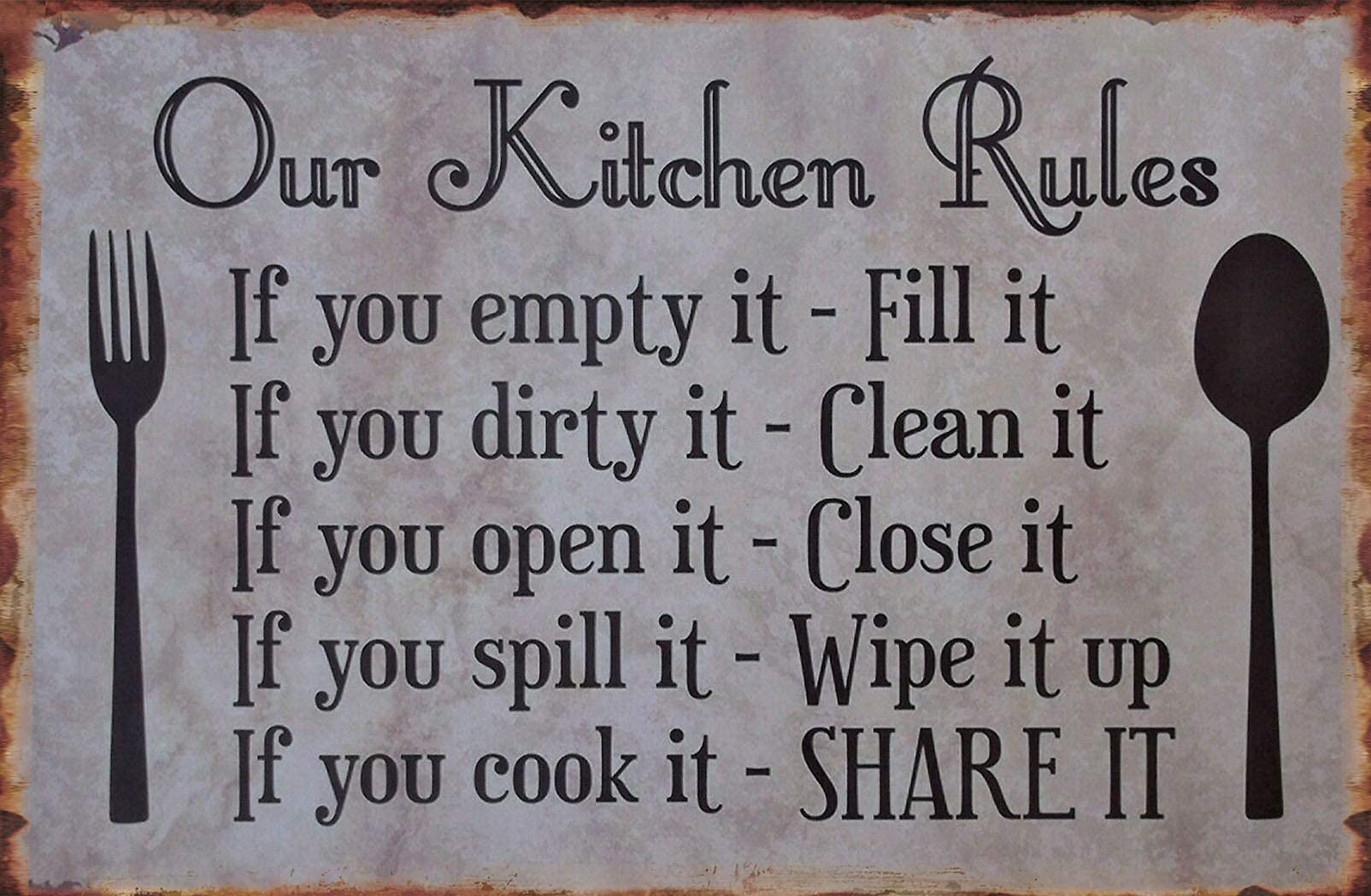 Our Kitchen Rules Metal Sign - 8x12 Inch Rustic Iron Poster for Kitchen, Bar, Restaurant & Cafe Wall Decor - Perfect for Home, Office & Commercial Spaces