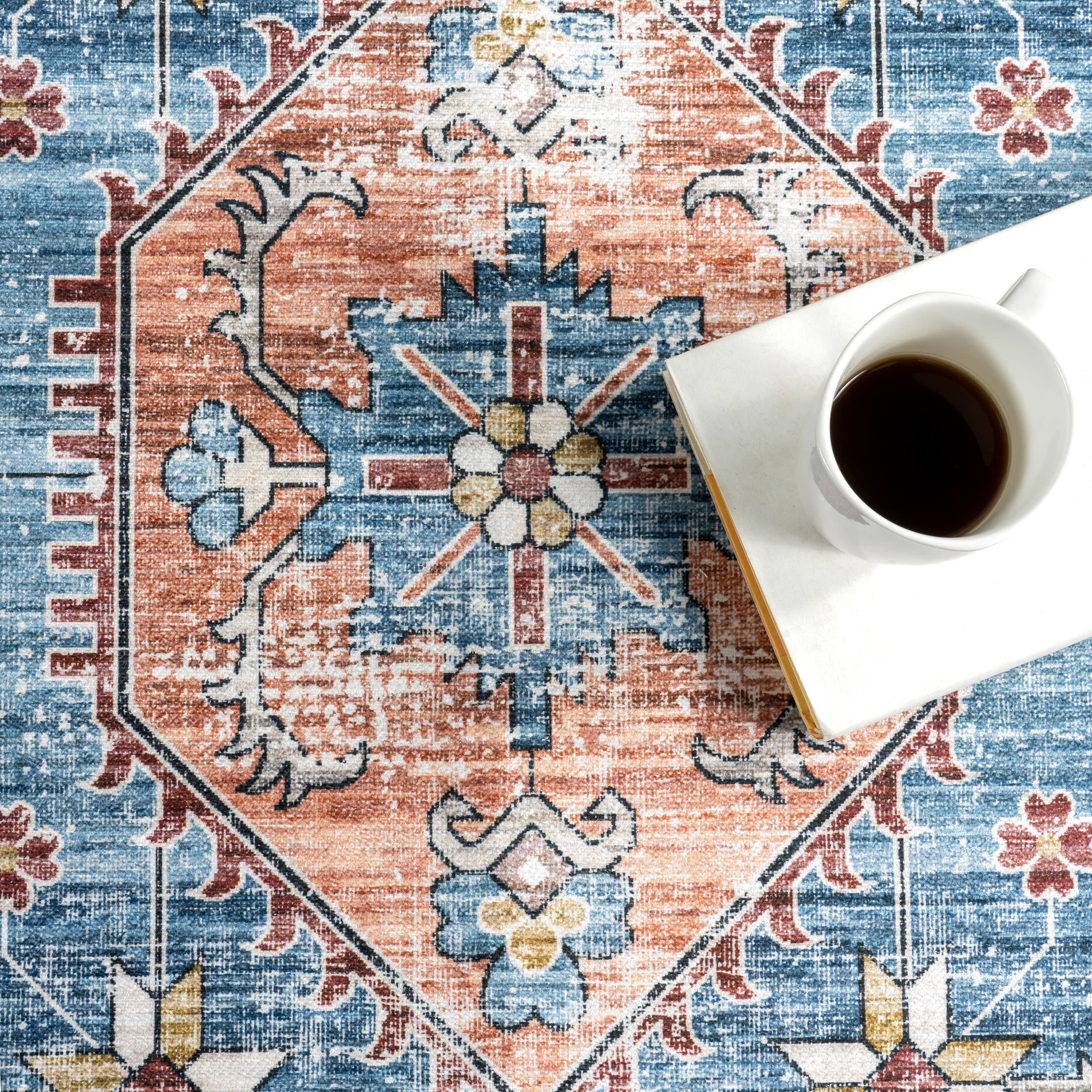 Castle Medallion Spill Proof Washable Rug - Stain Resistant Non-Slip Kitchen Bathroom Rug for Home Decor | Rust Color | Perfect for Living Room, Bedroom, Entryway