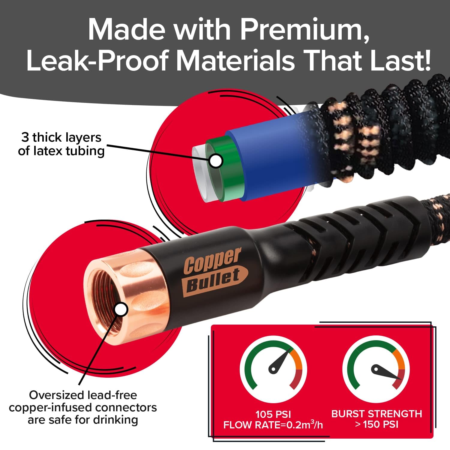 Expandable Garden Hose 100 FT - Copper Bullet Pocket Hose with 10-Pattern Spray Nozzle, Ultra-Lightweight & No-Kink Design, Lead-Free Solid Copper Fittings (AS SEEN ON TV) - Perfect for Watering Plants, Washing Cars, and Outdoor Cleaning