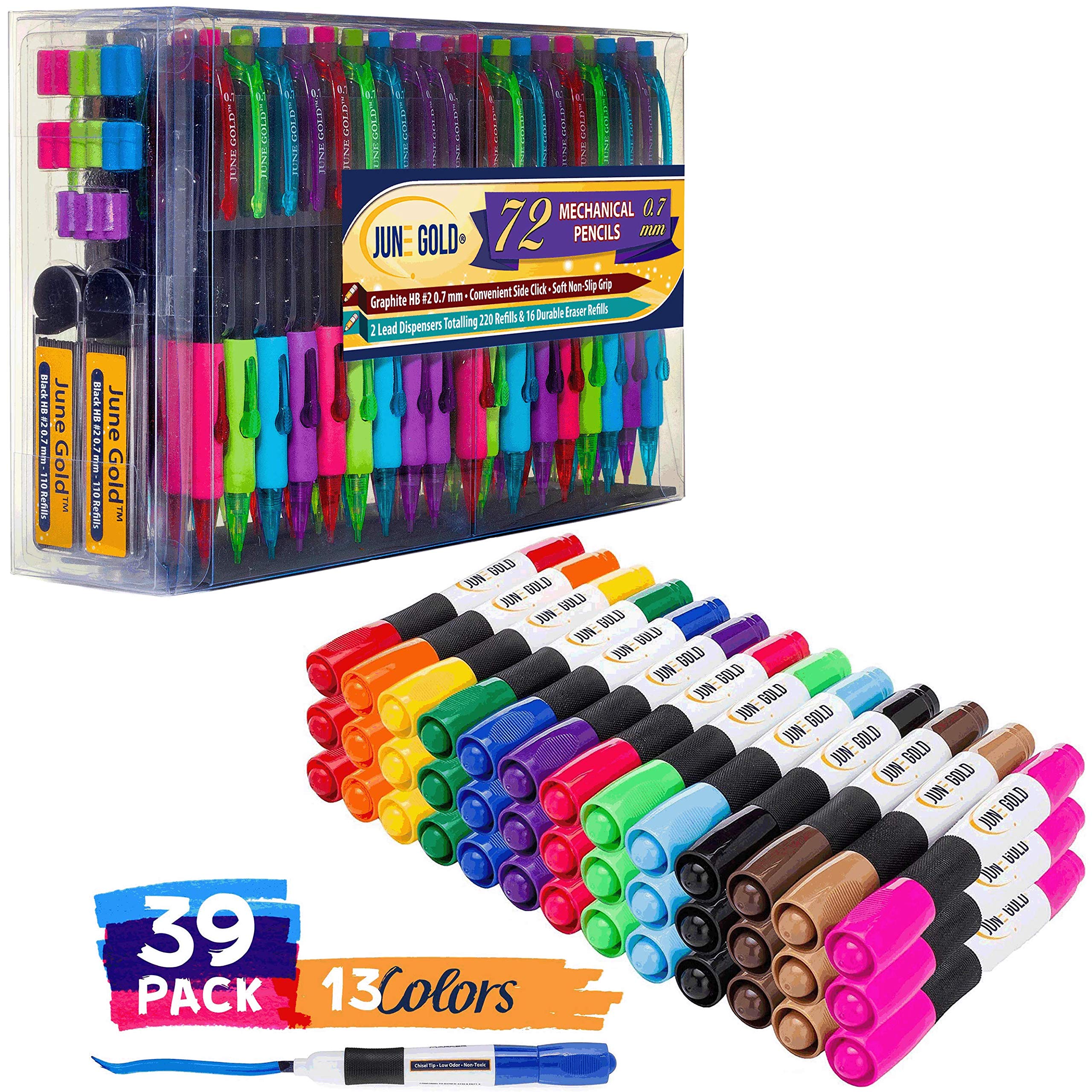 June Gold 39 Chisel Tip Dry Erase Markers - 13 Vibrant Colors & 72 Mechanical Pencils (0.7mm HB #2 Lead) with Extra Refills - Perfect for Classroom, Office & Art Projects