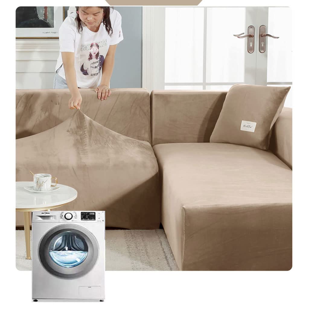 Stretch Velvet L-Shaped Sectional Sofa Slipcover - 4 Seater + 4 Seater Furniture Protector for Pets & Dogs, Soft Chaise Lounge Cover (White) - Perfect for Living Room, Family Room & Home Theater Seating