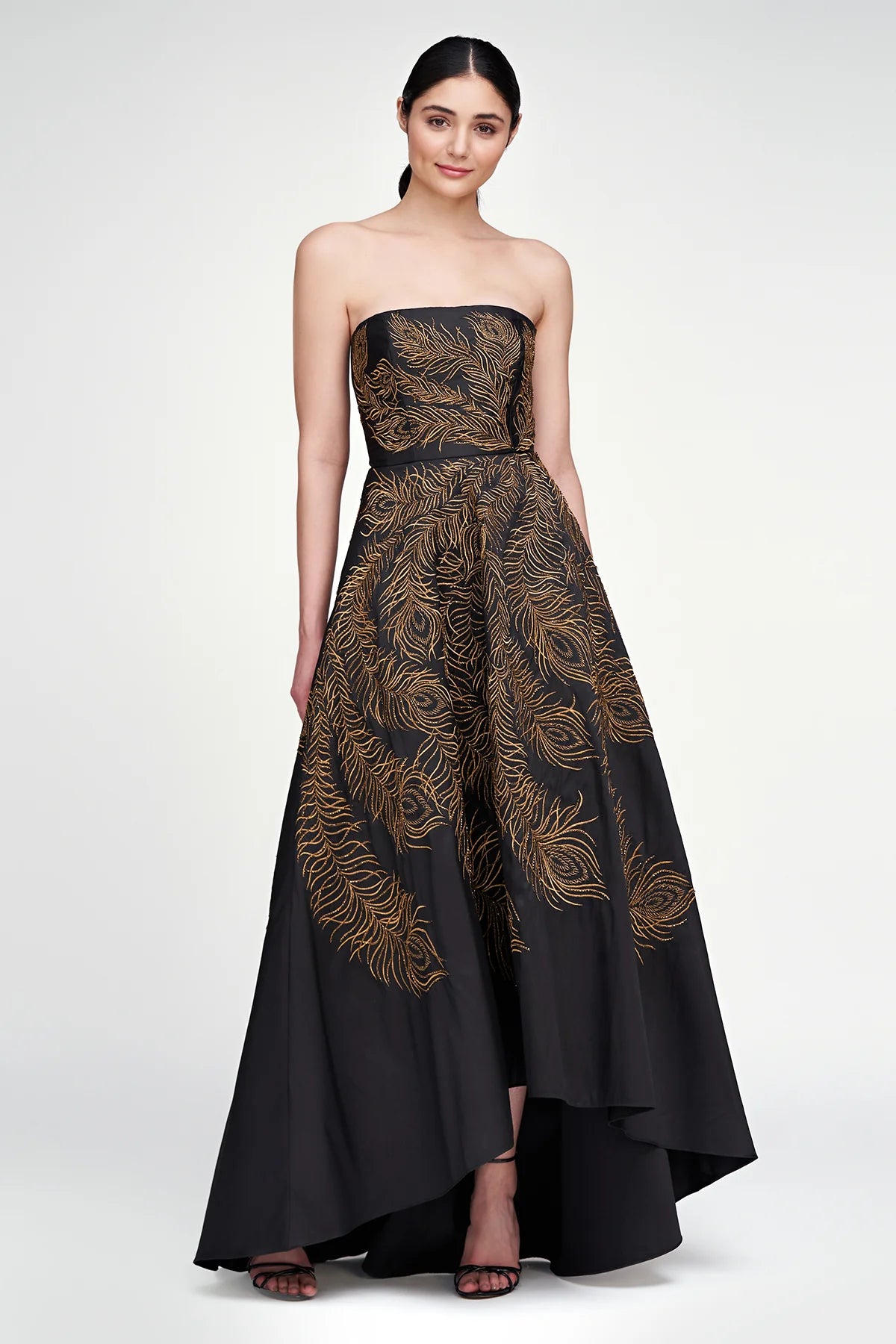 Elegant Black and Gold Feather Embroidered Evening Gown for Women - Perfect for Prom, Gala, and Formal Events