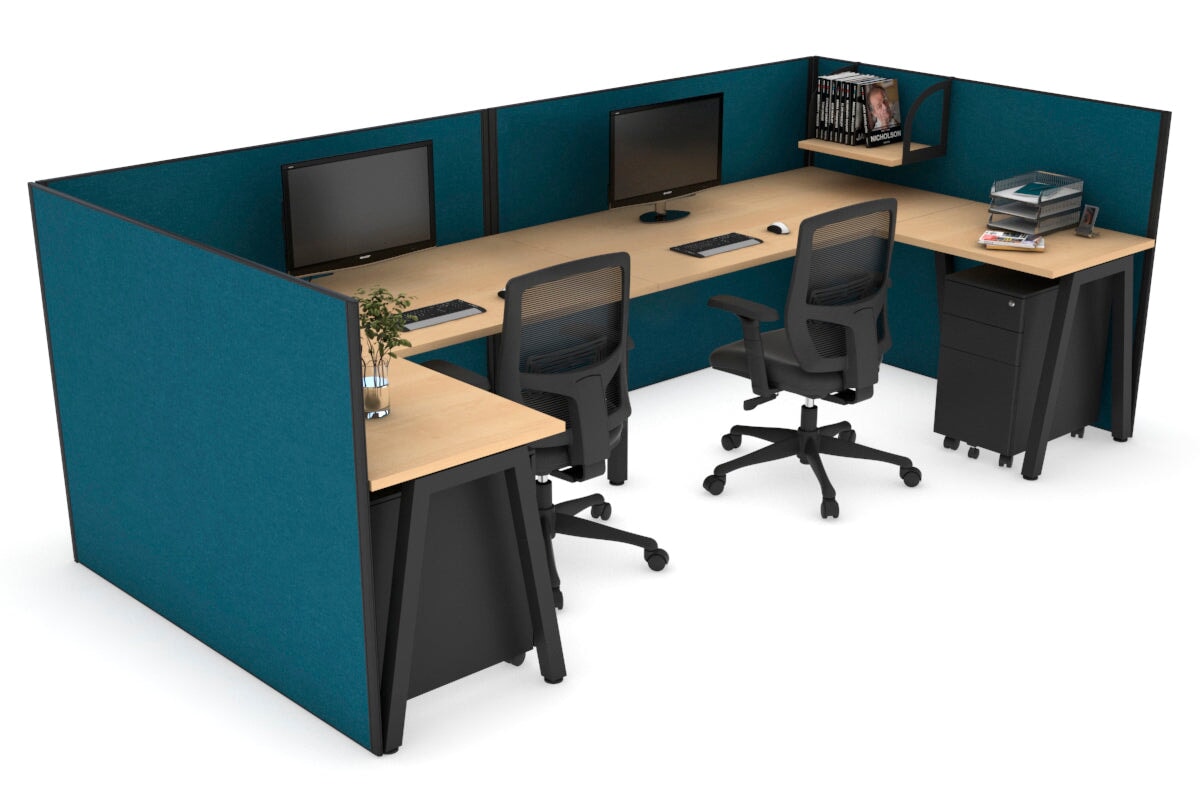 Quadro A Legs 2-Person Corner Workstation - U-Shaped Black Frame Office Desk [1400L x 1800W with Cable Management] - Perfect for Collaborative Workspaces & Home Offices