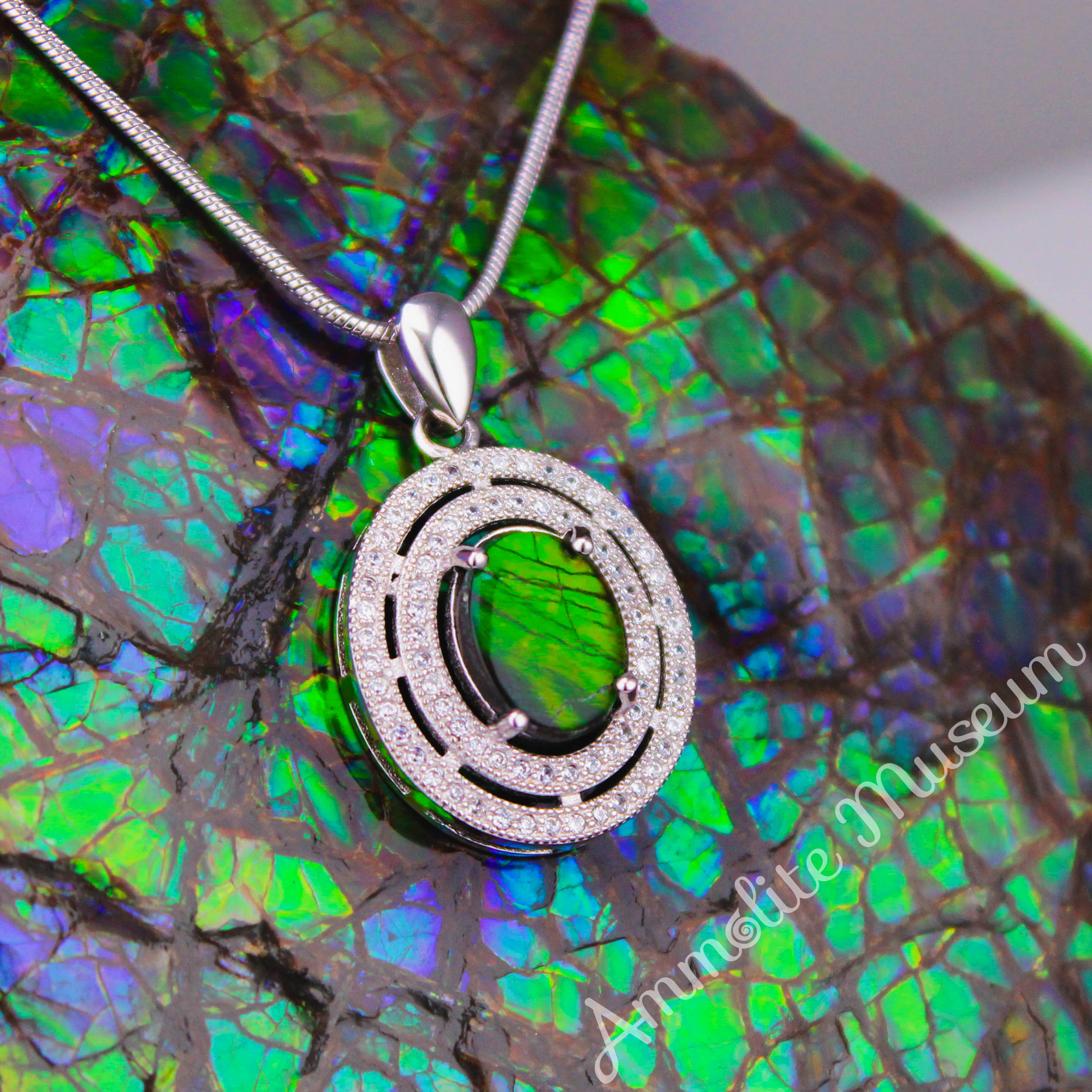 Elegant Sterling Silver Oval Ammolite Pendant with Cubic Zirconia - Perfect for Women's Jewelry Gifts & Special Occasions
