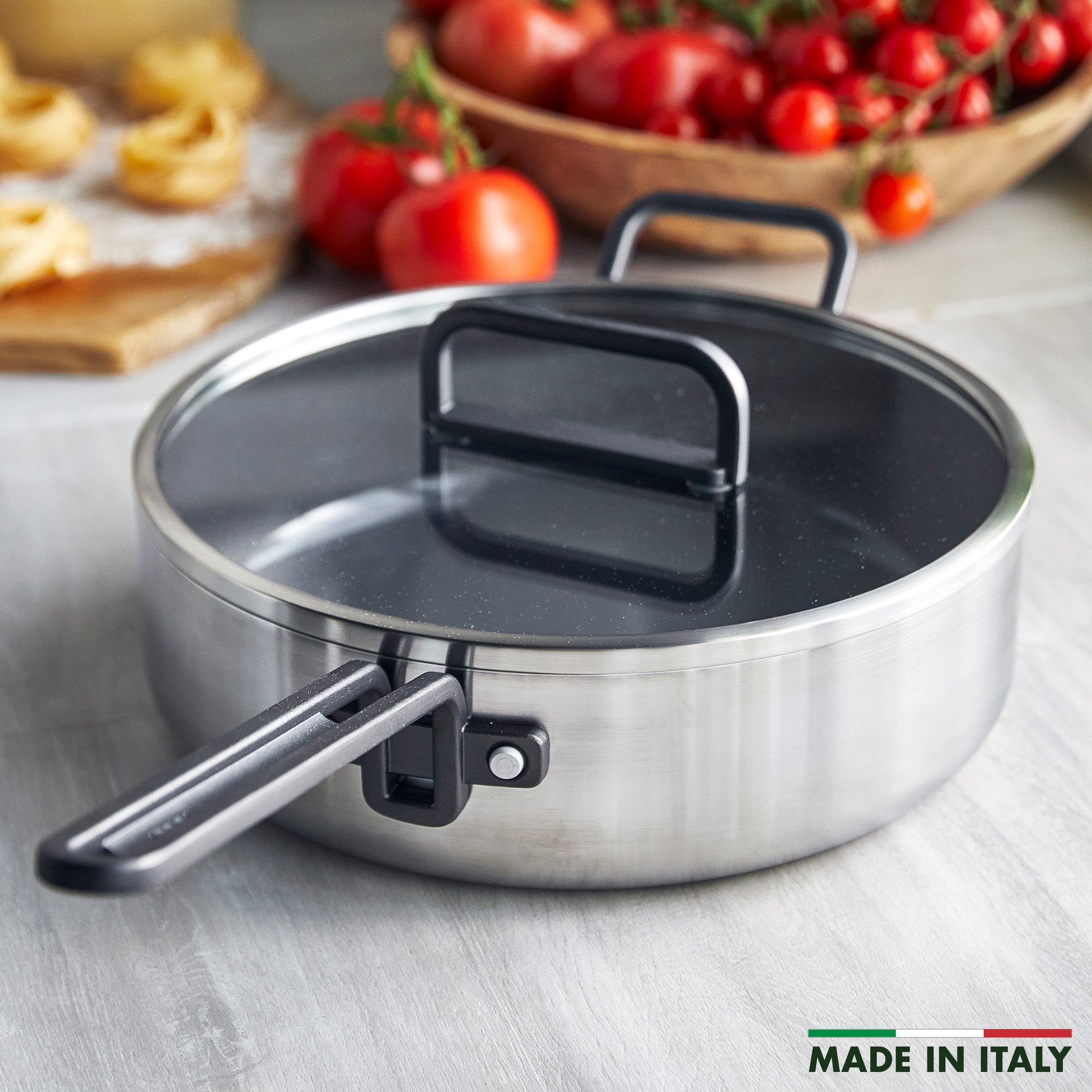 Stanley Tucci™ 4 Quart Stainless Steel Ceramic Nonstick Sauté Pan with Lid - Perfect for Sautéing, Frying & Simmering Family Meals