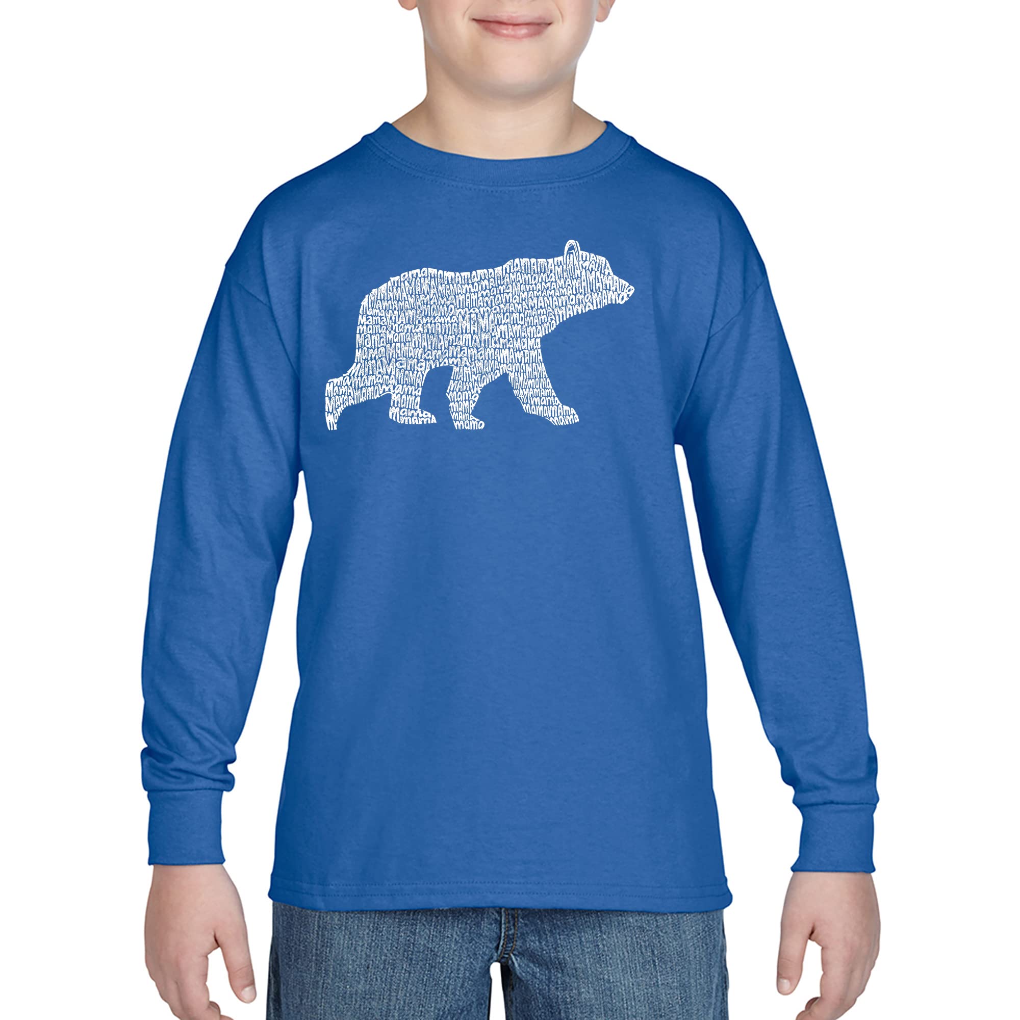 LA POP ART Boys' Word Art Long Sleeve T-Shirt - Mama Bear Design | Comfortable Graphic Tee for Kids | Perfect for School, Playdates & Family Outings