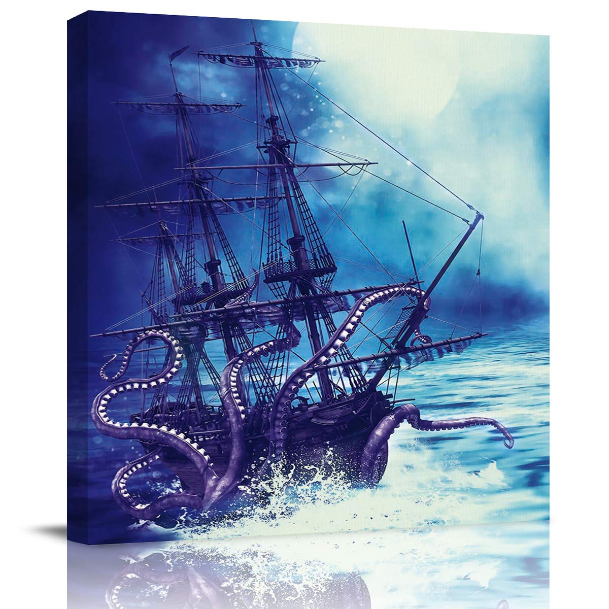 Octopus Sink Ship Canvas Wall Art - Framed Bathroom Decor Painting for Living Room, Kitchen & Office - Ready to Hang Home Decor | Perfect for Coastal, Nautical & Beach House Themes