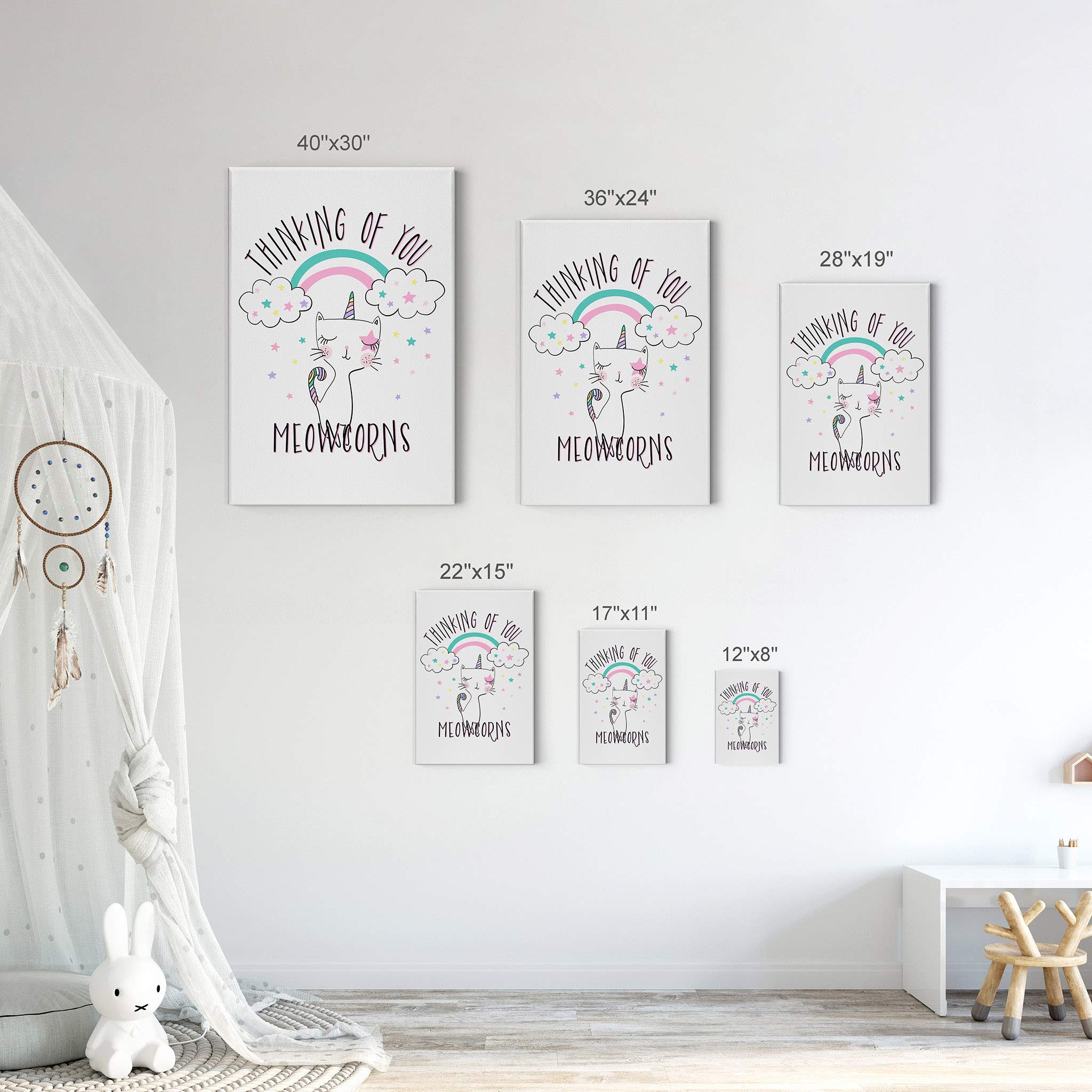 Thinking of You Meowcorns Quote Canvas Print - Unicorn Wall Art for Kids Room, Nursery & Baby Room Decor - Ready to Hang Made in USA (28x19) - Perfect for Birthday Gifts, Baby Showers & Playroom Wall Decor