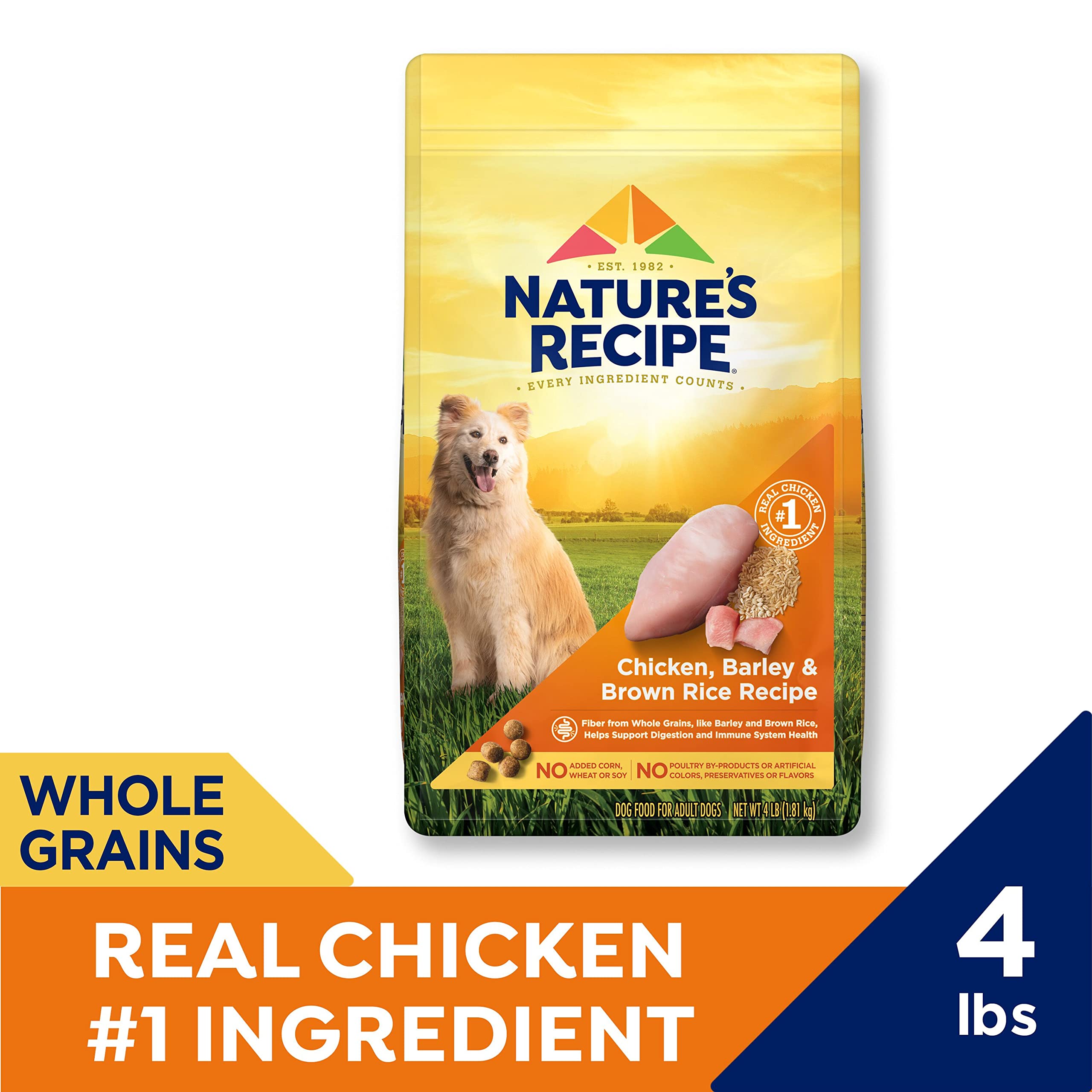 Nature's Recipe Chicken, Barley & Brown Rice Dry Dog Food - 4 lb Bag | High Protein Natural Kibble for Adult Dogs | Perfect for Daily Meals & Training Treats