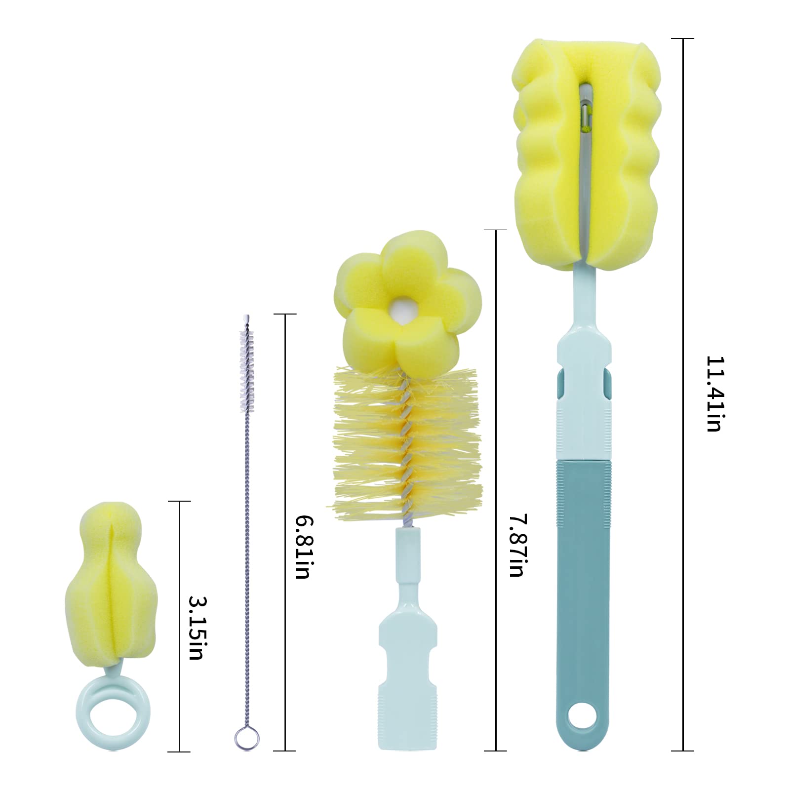 4-in-1 Baby Bottle Brush Cleaning Kit with Sponge Brush, Nipple Cleaner, Straw Brush & Long Handle - Safe for Glass & Plastic Nursing Bottles - Perfect for Newborn Feeding Essentials & Travel Baby Care