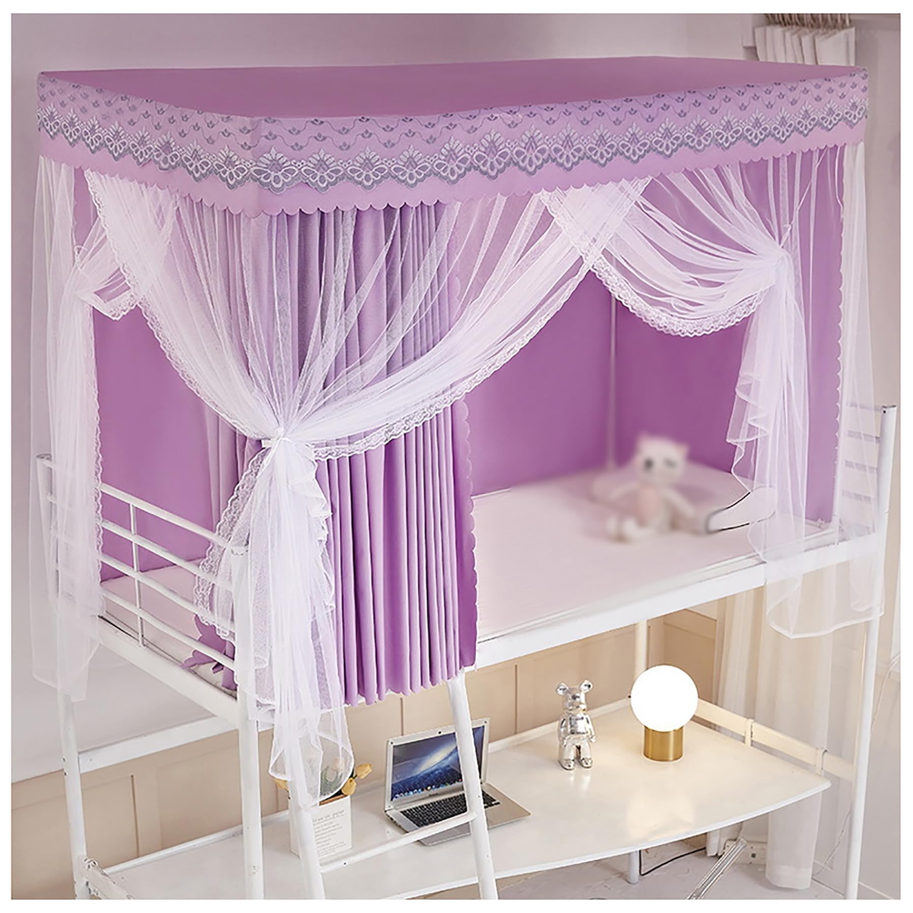 Purple 47.2in (120cm) 4-Post Canopy Bed Curtain Set for Twin Bunk Beds - Dorm Room Privacy Canopy with Sturdy Frame Poles - Perfect for College Dormitories, Kids' Rooms & Privacy Bed Tents