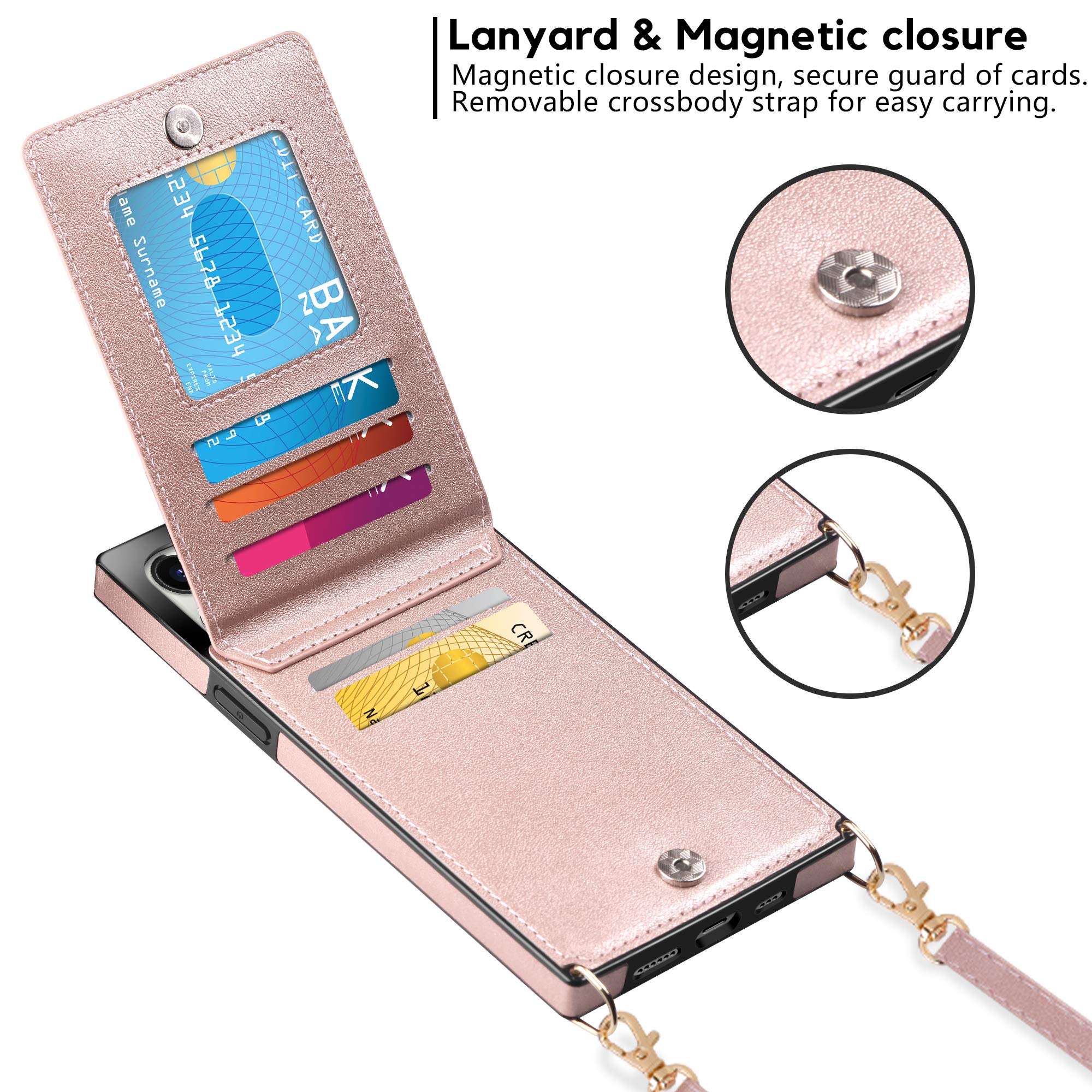Vofolen Premium Leather Wallet Case for iPhone 12 Pro Max - Magnetic Flip Folio with Card Holder, Crossbody Lanyard & Heavy Duty Protection - Women's Rose Gold Design (Perfect for Travel, Work & Everyday Use)