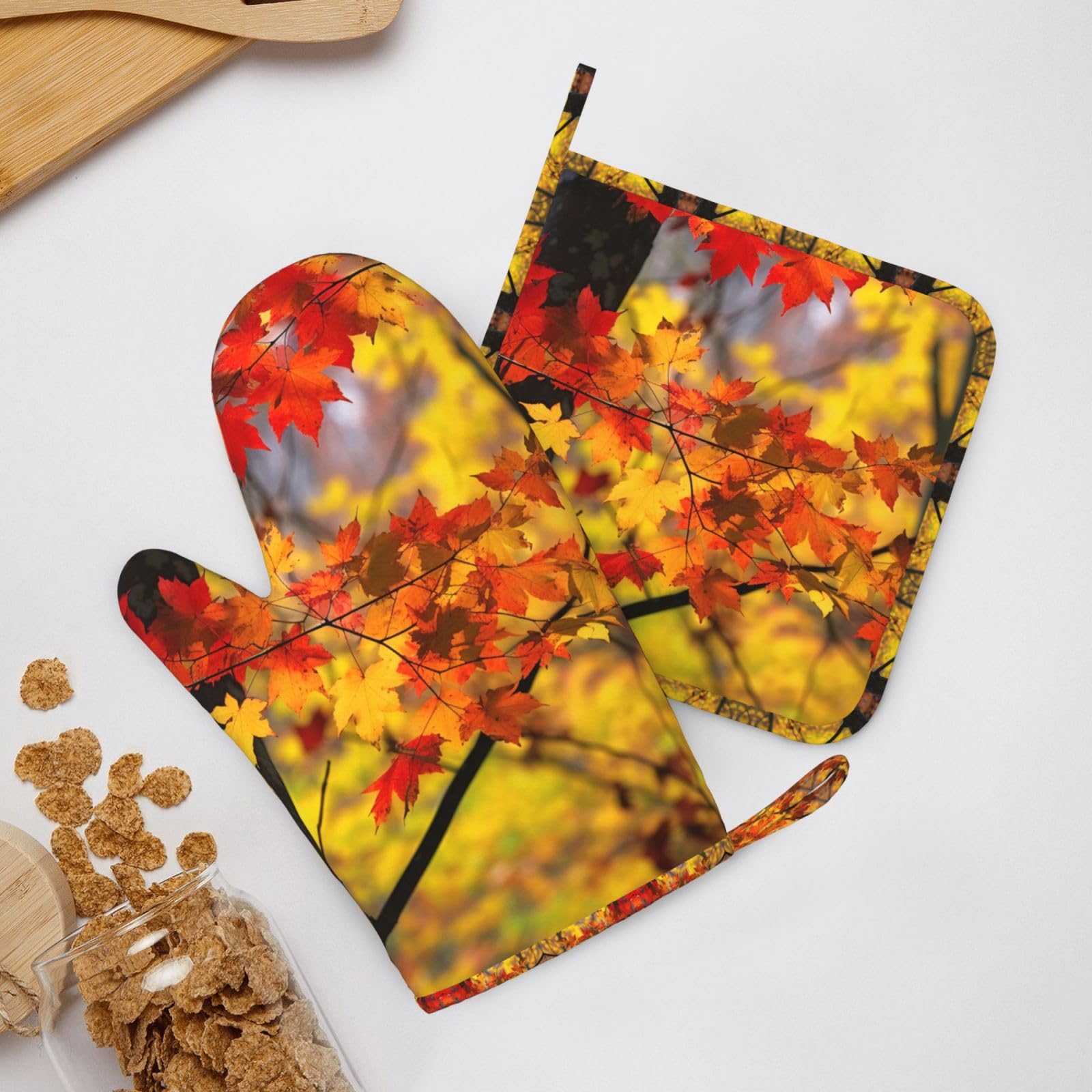 Heat Resistant Maple Leaf Oven Mitts & Pot Holders Set - Waterproof Kitchen Gloves for Baking, Cooking & Grilling - Perfect for Fall Decor & Holiday Kitchen Gifts