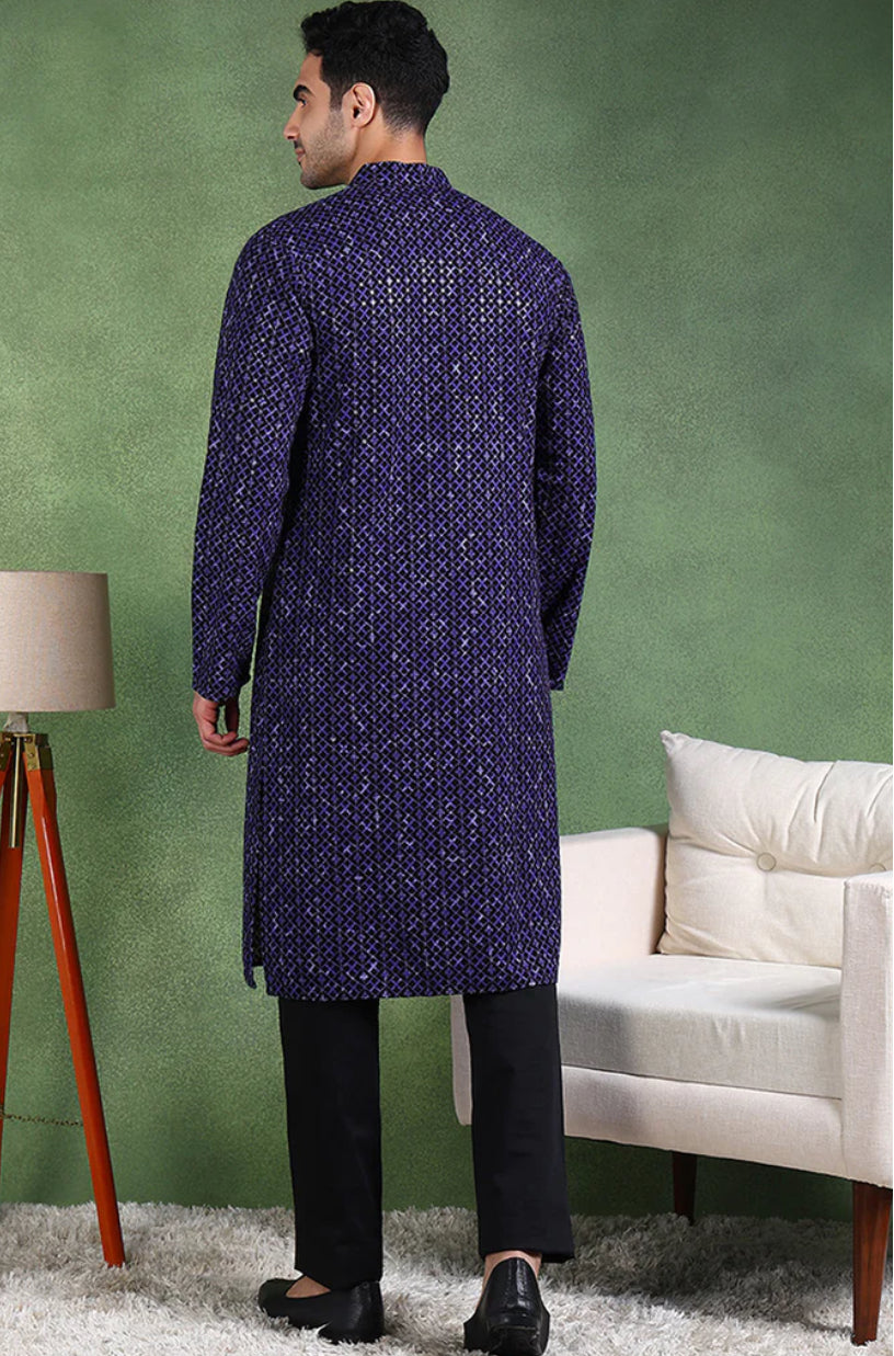 Blue Viscose Rayon Embroidered Straight Kurta for Men - Traditional Ethnic Motif Design - Perfect for Festivals, Weddings & Cultural Events