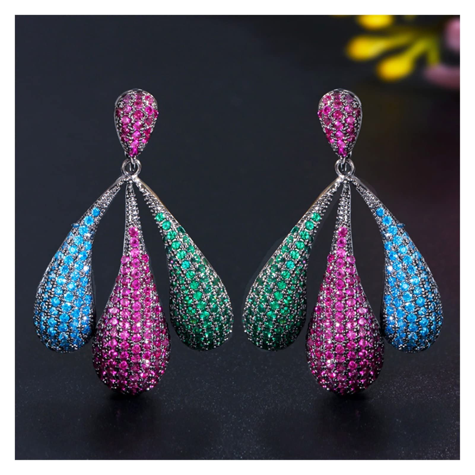 QZH 2022 Women's Fashion Large Dangle Earrings - Colorful Cubic Zirconia Pave Delicate Drop Earrings for Summer Party, Wedding, Evening Wear & Special Occasions Jewelry (As Shown)