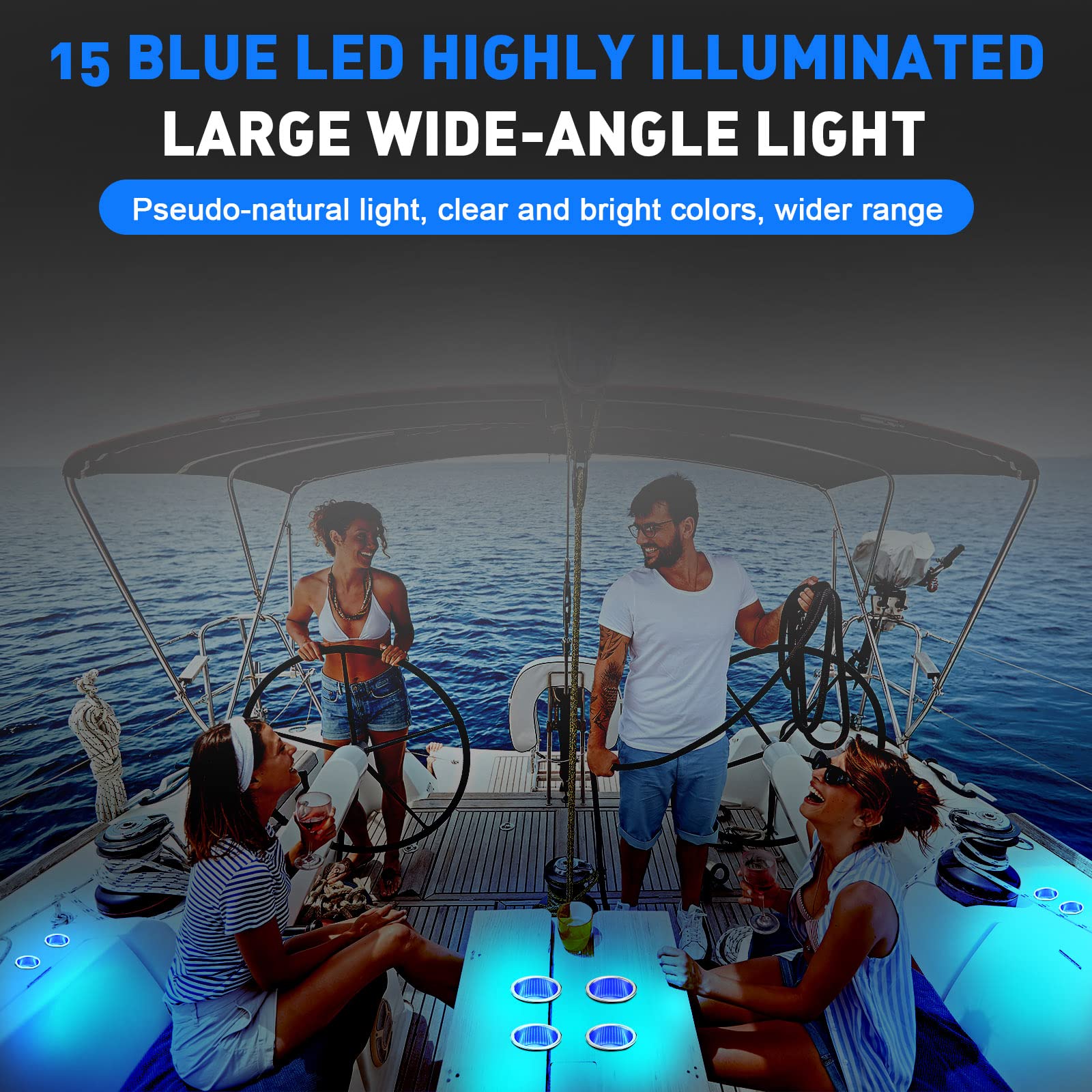 6-Pack LED Cup Holder Inserts with Drain - Stainless Steel Marine Drink Holders for Boat, Yacht, Car, Camper, Truck & RV - Blue Ambient Lighting for Night Driving & Party Decor