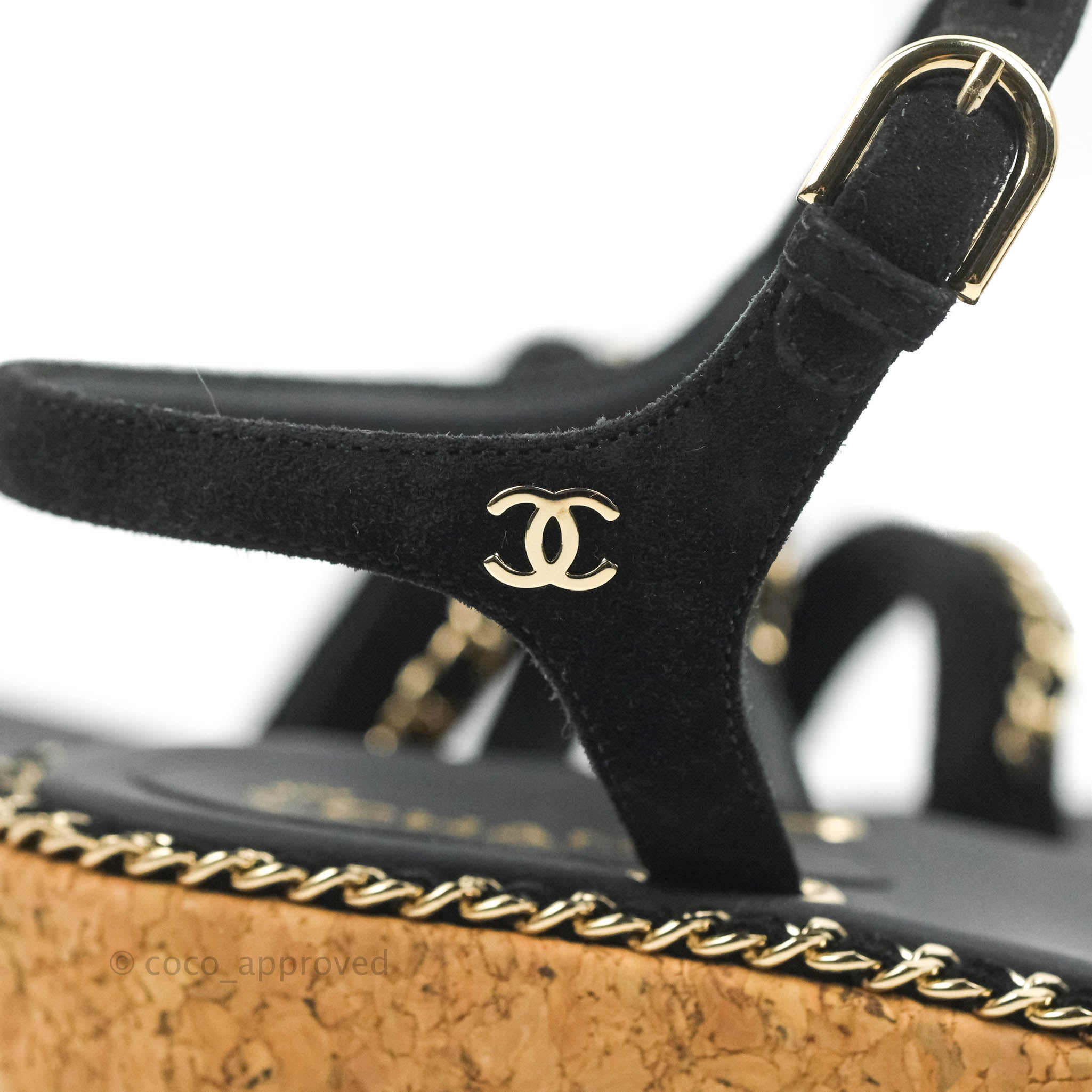 Chanel CC Chain Cork Sandals for Women - Black Leather Summer Slide Sandals Size 37.5 (US 7) | Comfortable Luxury Designer Shoes for Beach, Vacation & Casual Outings