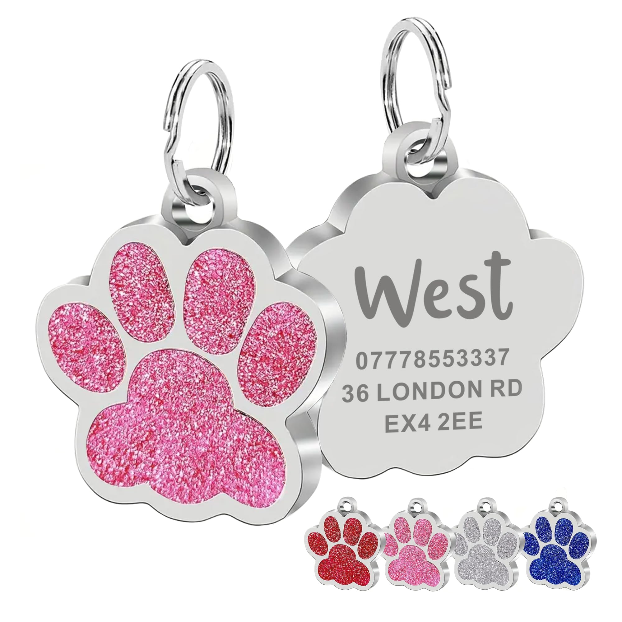 Personalized Dog Tags for Pets - Custom Stainless Steel Paw Print ID Tag for Dogs, Cats & Puppies - Engraved Name & Contact Info - Glitter Bling Pet ID Tag (Pink) - Perfect for Daily Walks, Travel & Pet Safety