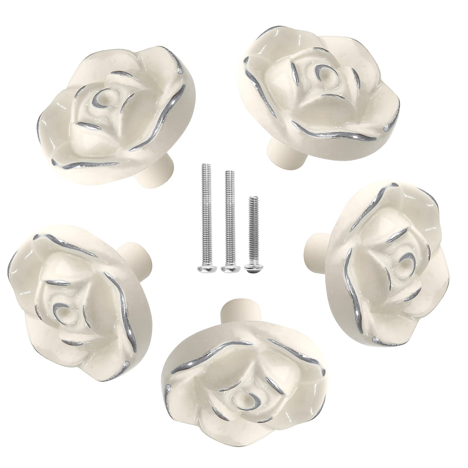 Vintage Rose Drawer Knobs 5-Pack - Antique Floral Cabinet Knobs for Dresser, Vanity, Nightstand & Closet - Ivory White with Silver Edge - Includes Screws - Perfect for Home Decor & Furniture Upgrade