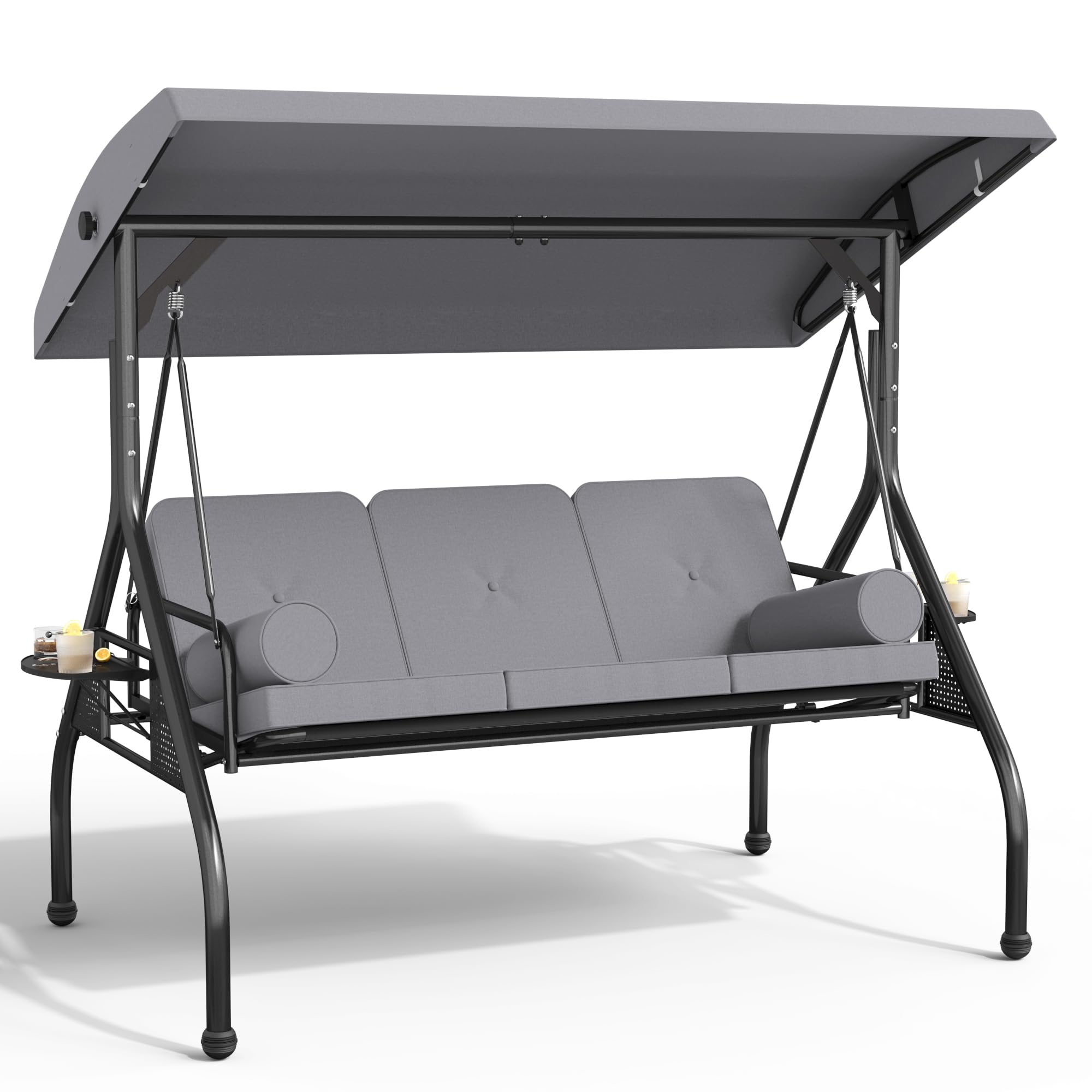 Crownland 3-Seat Outdoor Patio Swing with Adjustable Canopy - Gray Garden Swing Bench with Removable Cushions, Cup Holder & Pillow - Perfect for Porch, Backyard, Poolside & Balcony Relaxation