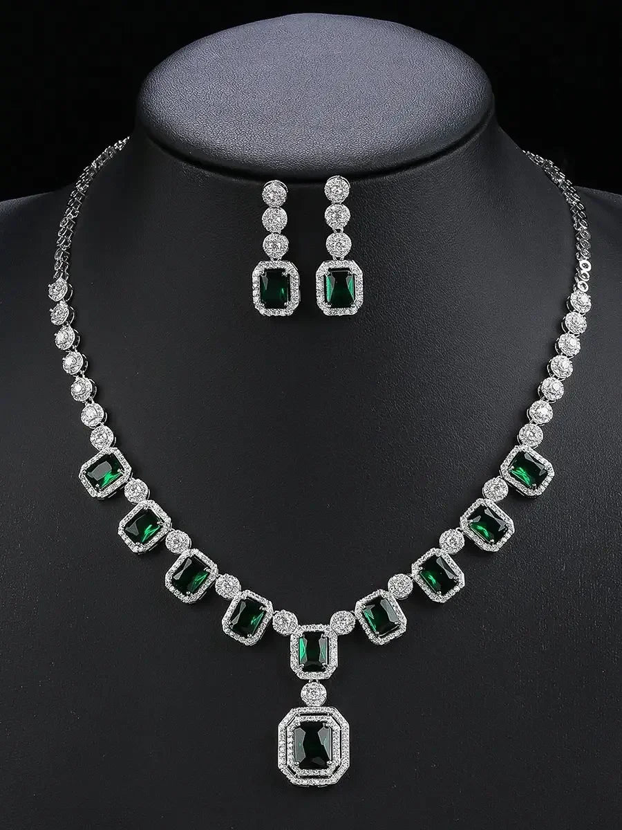 Elegant Cubic Zirconia Bridal Jewelry Set - Silver Tone Necklace & Earrings with Mixed Color Stones (Green/Red) | Perfect for Engagement Parties, Weddings & Special Occasions