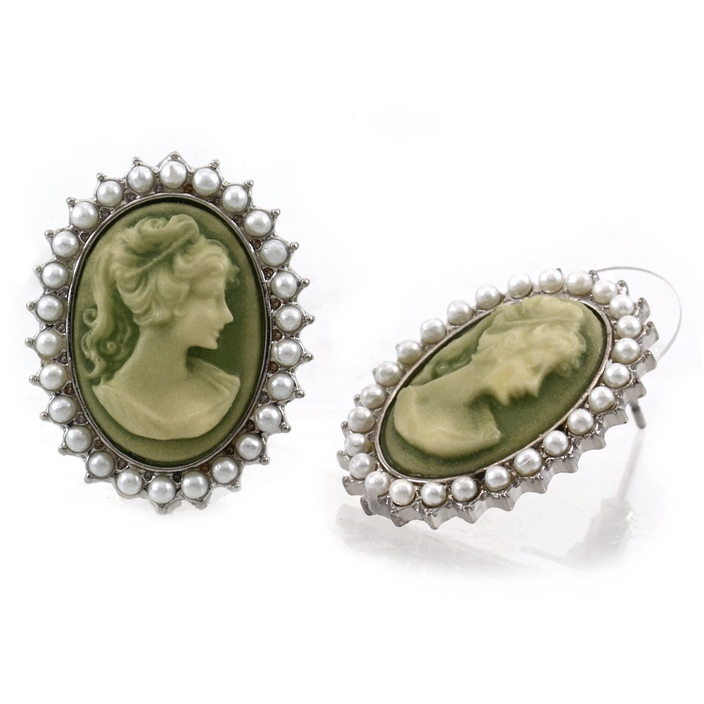 Elegant White Faux Pearl Cameo Earrings for Women - Vintage Stud Post Fashion Jewelry - Perfect for Weddings, Parties & Everyday Wear