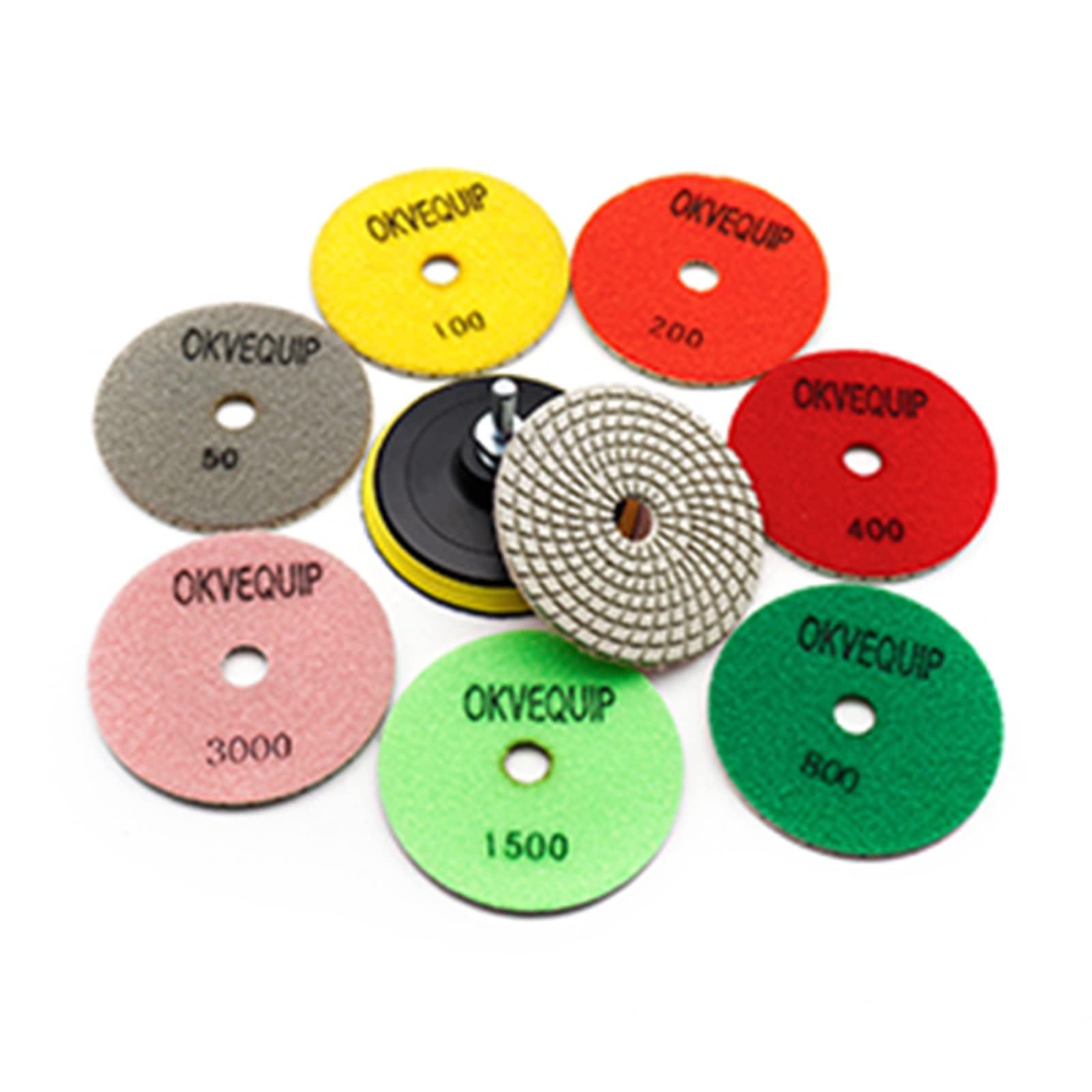 8Pcs Diamond Polishing Pads 4 Inch Wet/Dry for Granite, Quartz, Concrete, Marble - 50# to 3000# Grit with 5/8
