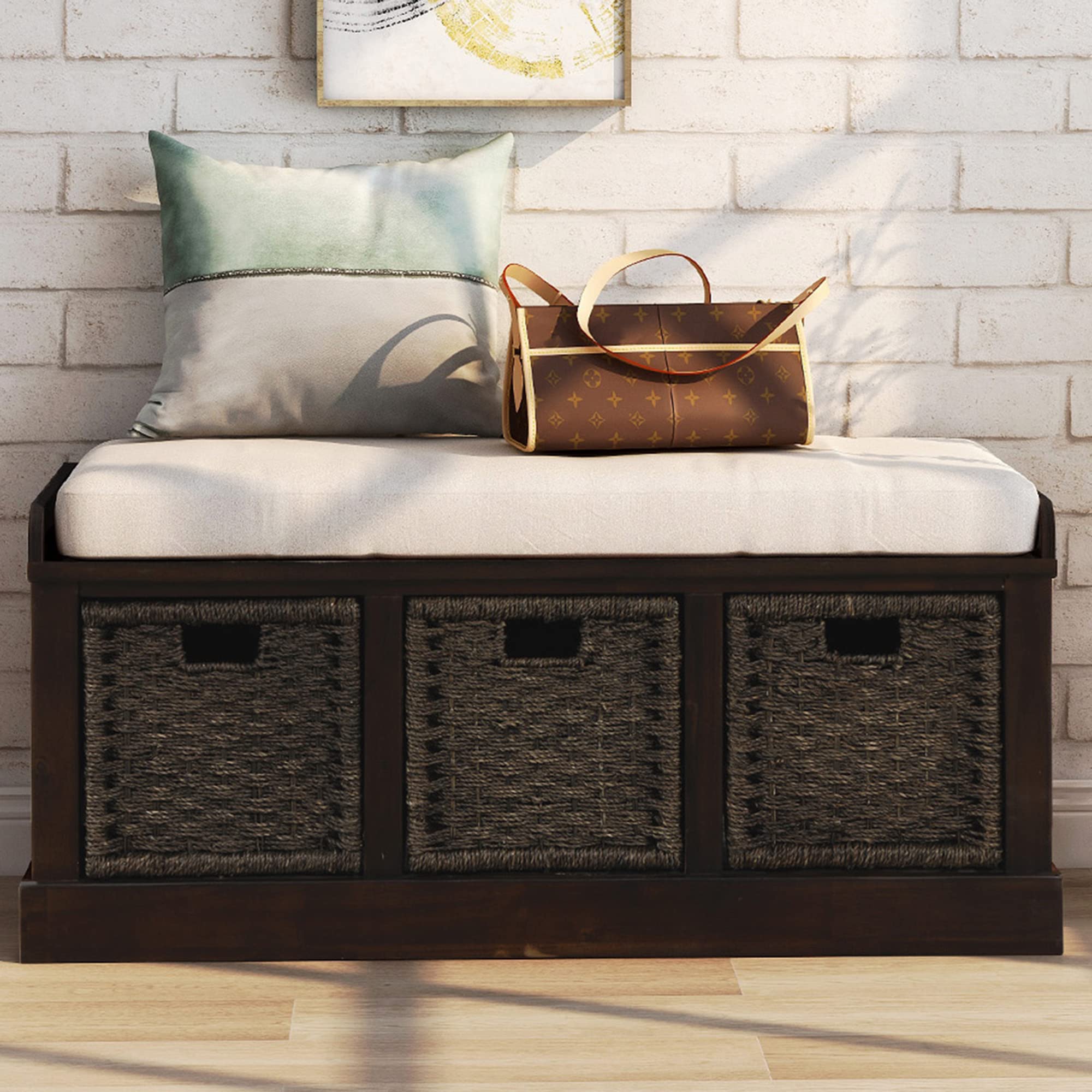 Rustic Shoe Storage Bench with 3 Removable Rattan Baskets & Cushion - Entryway Organizer for Shoes, Hats & Accessories - Perfect for Hallway, Bedroom or Living Room (Espresso Finish)