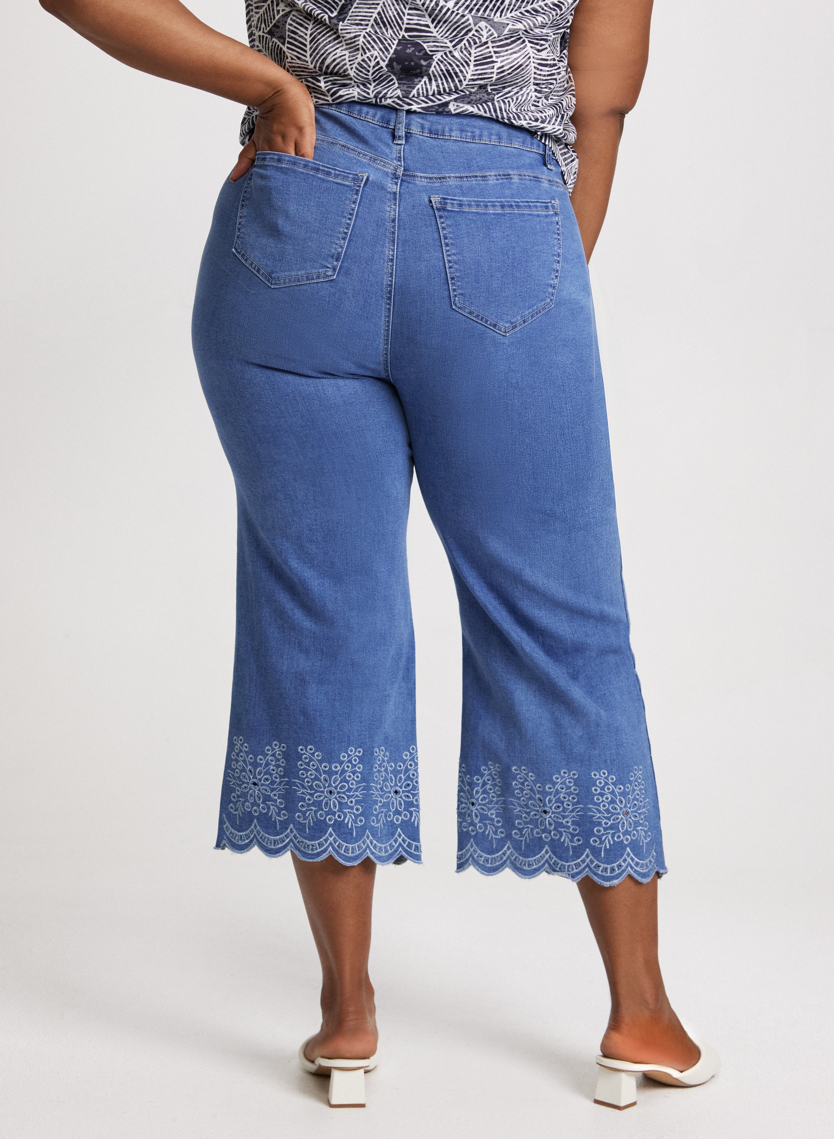 Embroidered Hem Culotte Jeans for Women - High Waist Wide Leg Denim Pants | Casual & Boho Style | Perfect for Summer Outfits, Beach Vacations, and Streetwear Fashion