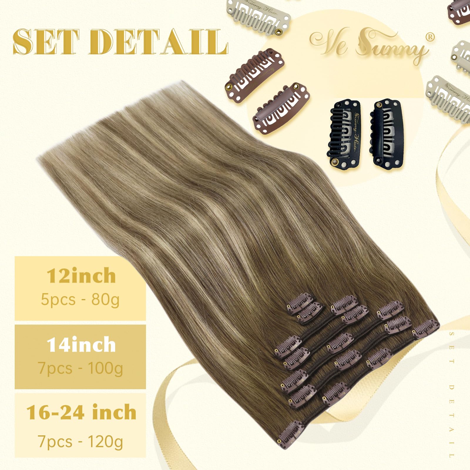 Ve Sunny 18inch Real Human Hair Clip-in Extensions - Balayage Brown to Blonde Ombre, 7pcs 120g, Durable & Natural for Daily Styling, Parties & Special Occasions