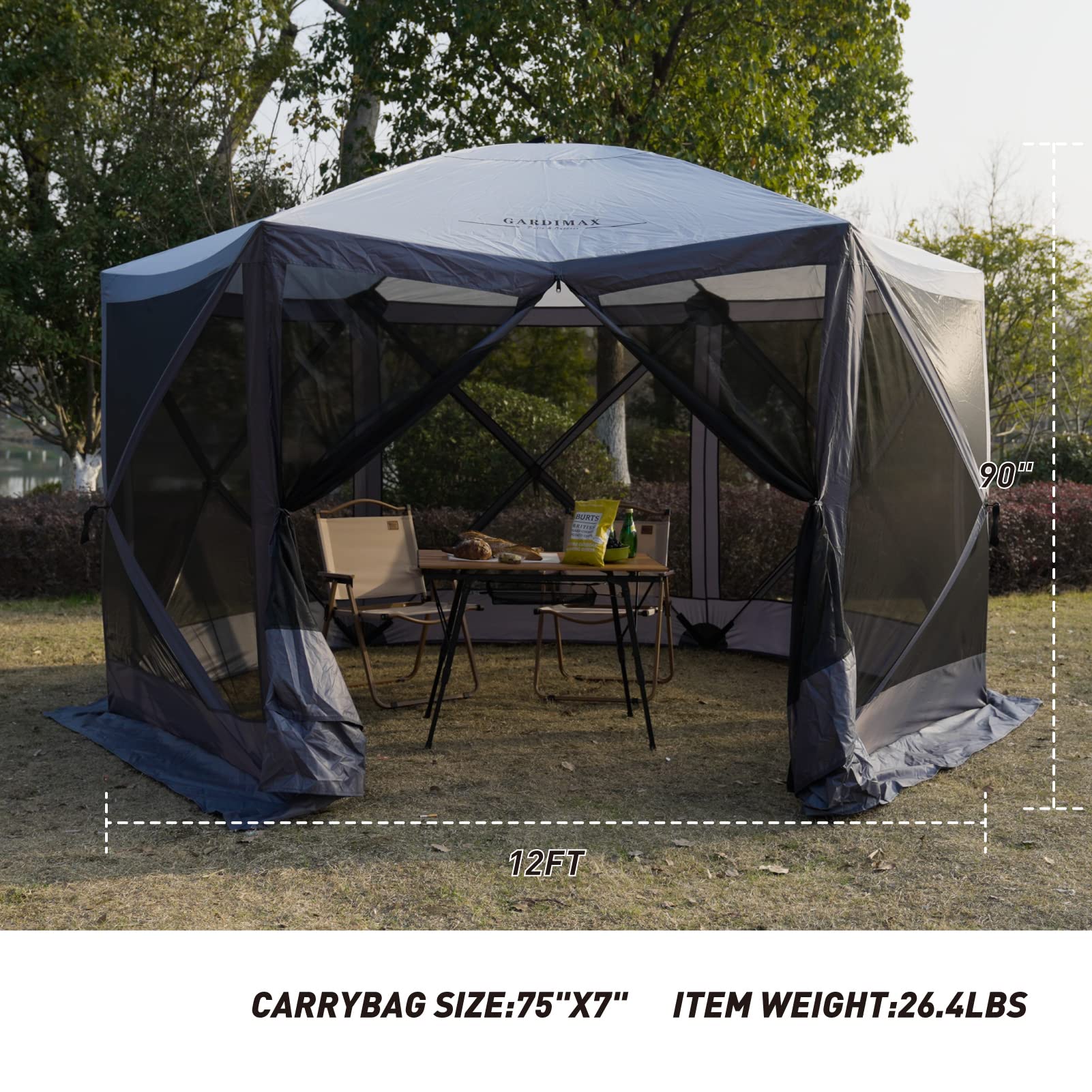 12'x12' Pop Up Instant Gazebo with 6 Sides & Screens - 8-10 Person Portable Canopy Tent for Camping, Backyard, Patio, Picnics & Outdoor Gatherings (Grey) - Perfect for BBQs, Beach Trips and Garden Parties